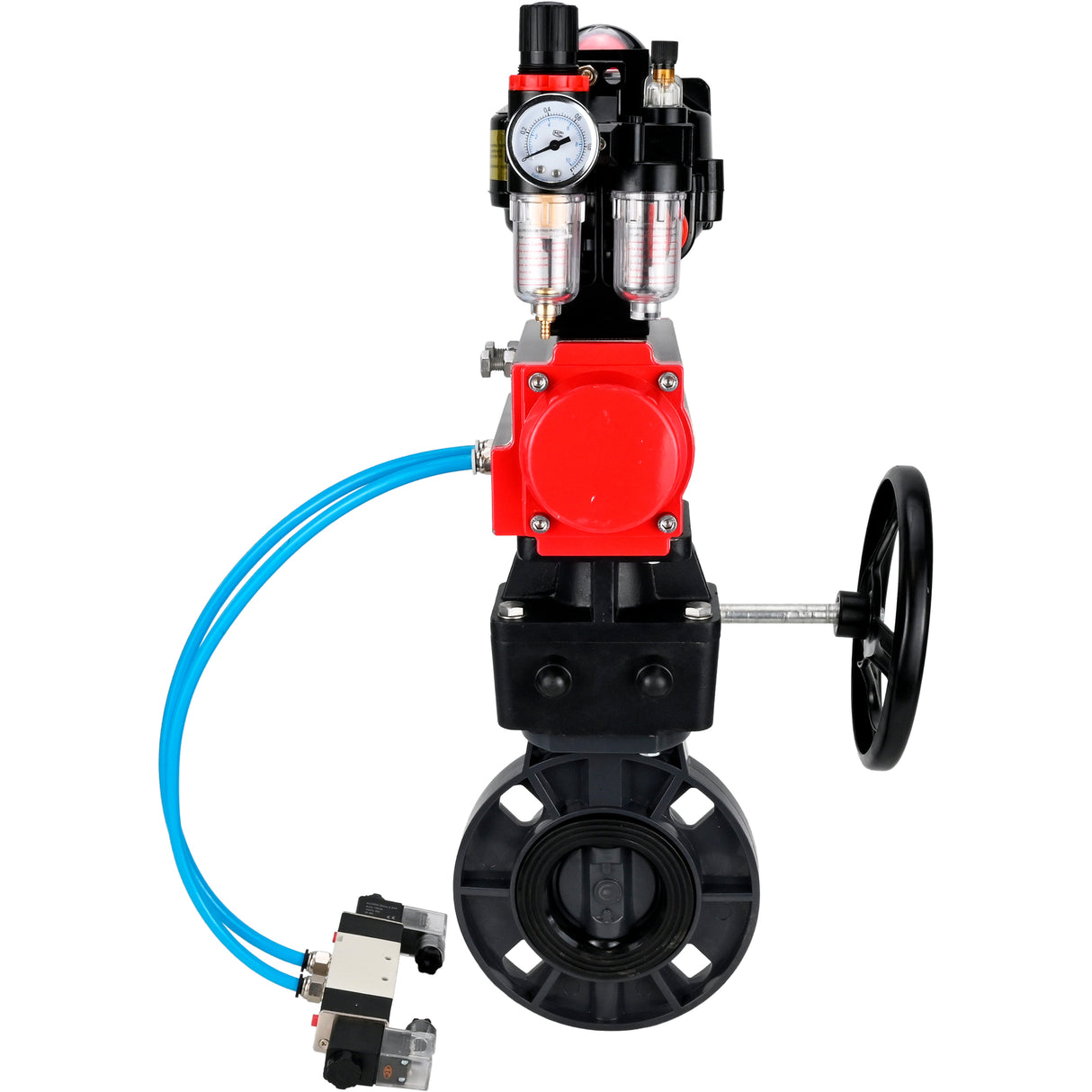 Butterfly valves Elephant WBV4242E-2W-Fb-ISO, body material - UPVC, disc material - UPVC, seal - EPDM, with pneumatic actuator double action PA-DA, pneumatic distributor 4V320-08 220V, LSU APL-510N EX, ATU AFC2000 and handwheel MON