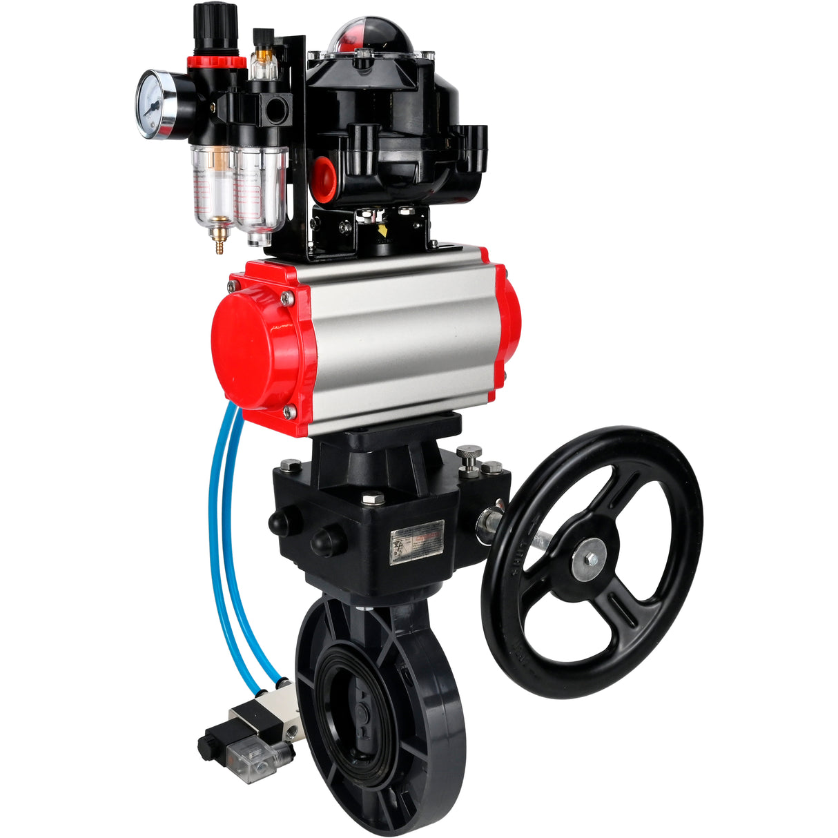 Butterfly valves Elephant WBV4242E-2W-Fb-ISO, body material - UPVC, disc material - UPVC, seal - EPDM, with pneumatic actuator double action PA-DA, pneumatic distributor 4V320-08 220V, LSU APL-510N EX, ATU AFC2000 and handwheel MON
