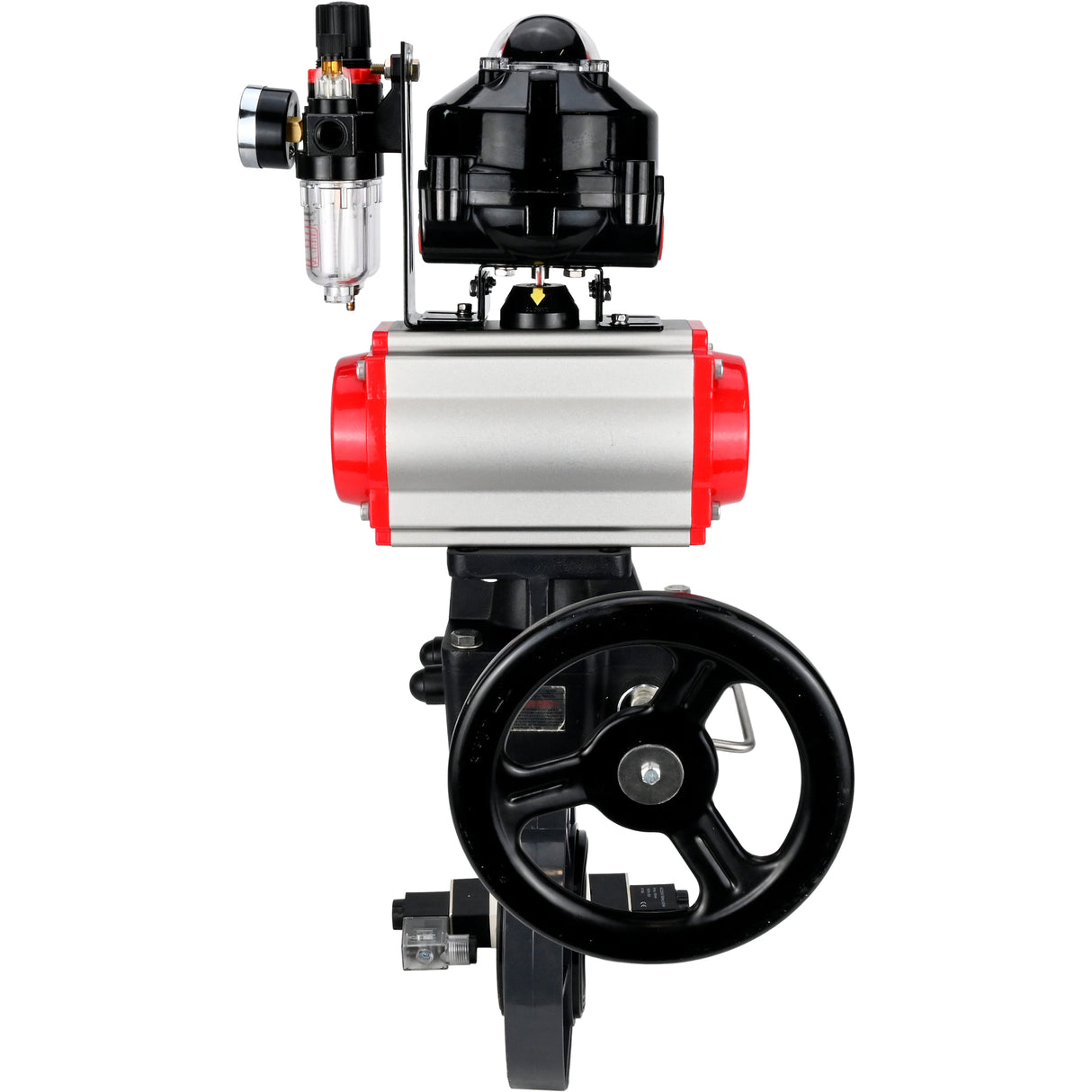 Butterfly valves Elephant WBV4242E-2W-Fb-ISO, body material - UPVC, disc material - UPVC, seal - EPDM, with pneumatic actuator double action PA-DA, pneumatic distributor 4V320-08 220V, LSU APL-510N EX, ATU AFC2000 and handwheel MON
