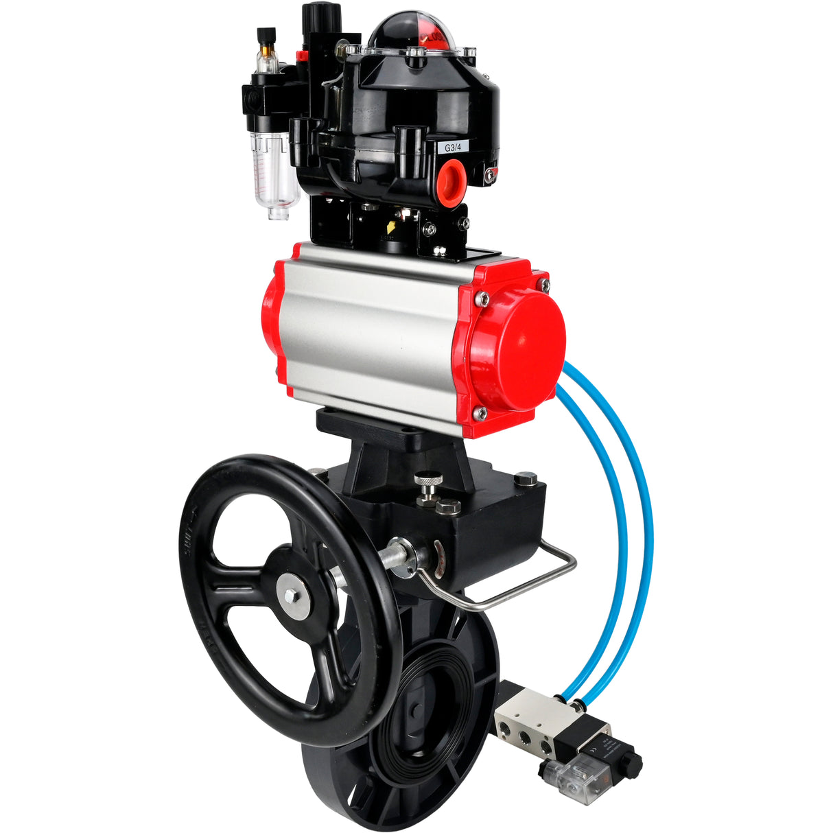 Butterfly valves Elephant WBV4242E-2W-Fb-ISO, body material - UPVC, disc material - UPVC, seal - EPDM, with pneumatic actuator double action PA-DA, pneumatic distributor 4V320-08 220V, LSU APL-510N EX, ATU AFC2000 and handwheel MON