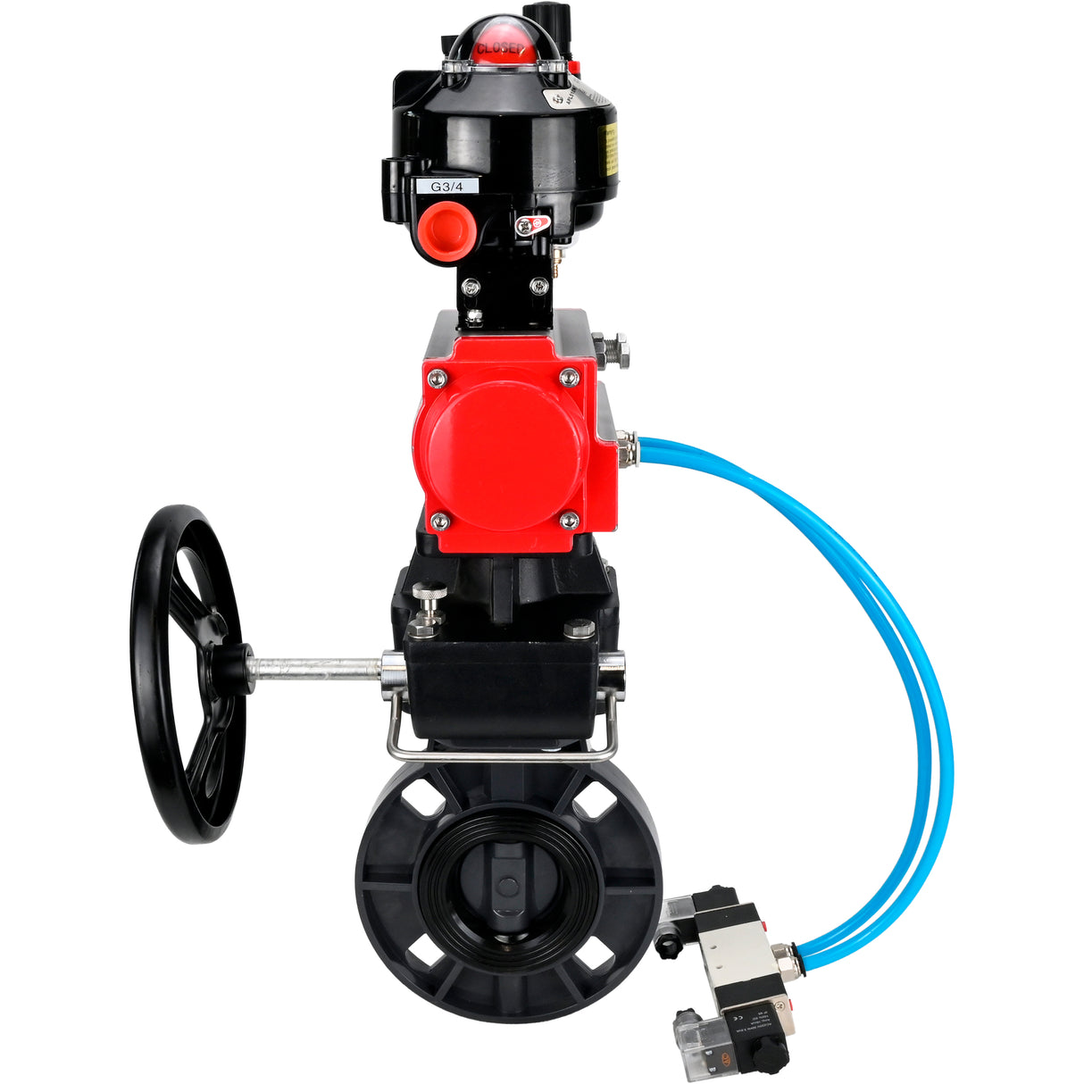 Butterfly valves Elephant WBV4242E-2W-Fb-ISO, body material - UPVC, disc material - UPVC, seal - EPDM, with pneumatic actuator double action PA-DA, pneumatic distributor 4V320-08 220V, LSU APL-510N EX, ATU AFC2000 and handwheel MON