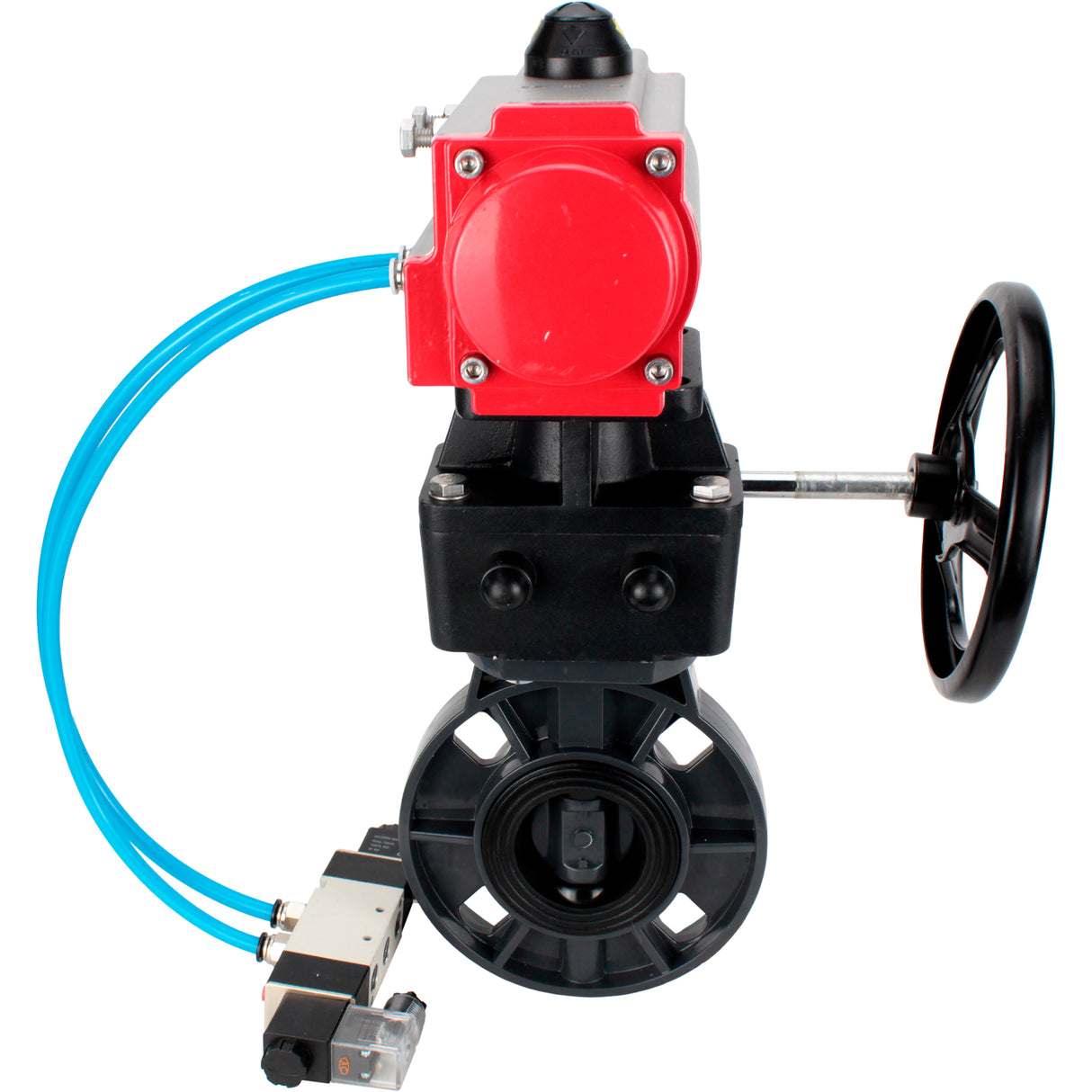 Butterfly valves Elephant WBV4242E-2W-Fb-ISO, body material - UPVC, disc material - UPVC, seal - EPDM, with pneumatic actuator double action PA-DA, pneumatic distributor 4V320-10 220V and handwheel MON