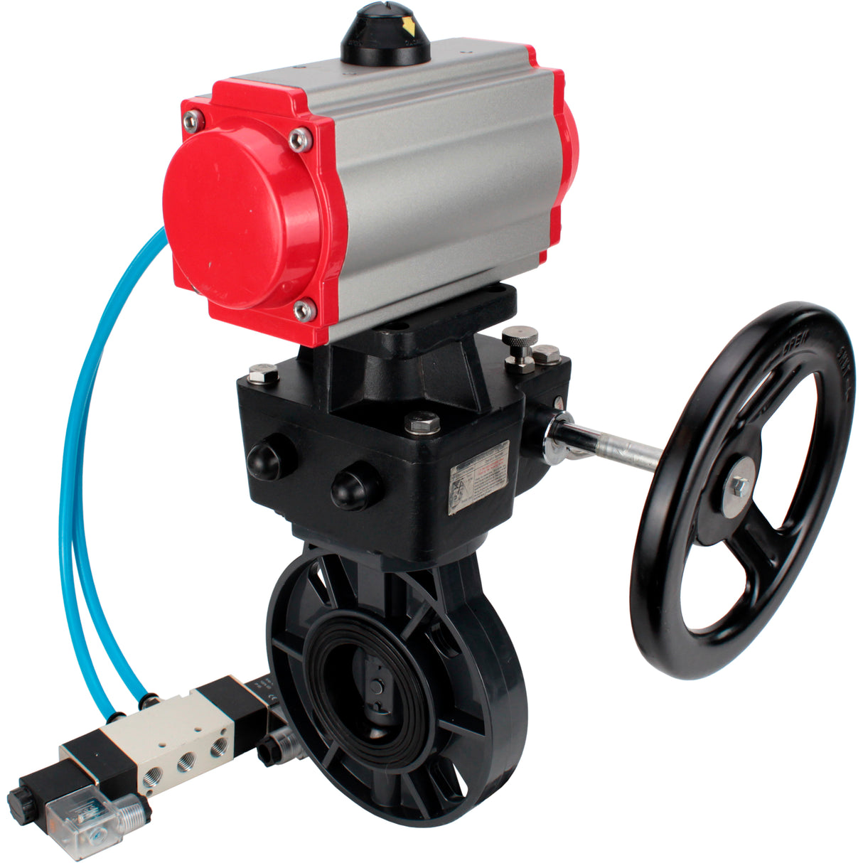 Butterfly valves Elephant WBV4242E-2W-Fb-ISO, body material - UPVC, disc material - UPVC, seal - EPDM, with pneumatic actuator double action PA-DA, pneumatic distributor 4V320-10 220V and handwheel MON