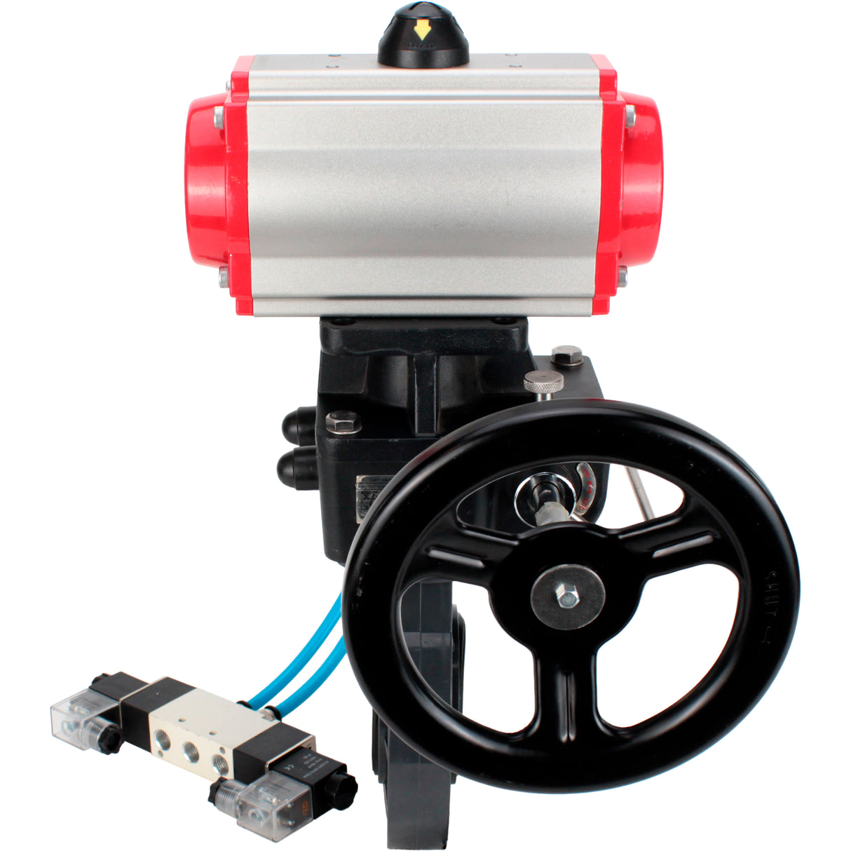 Butterfly valves Elephant WBV4242E-2W-Fb-ISO, body material - UPVC, disc material - UPVC, seal - EPDM, with pneumatic actuator double action PA-DA, pneumatic distributor 4V320-10 220V and handwheel MON
