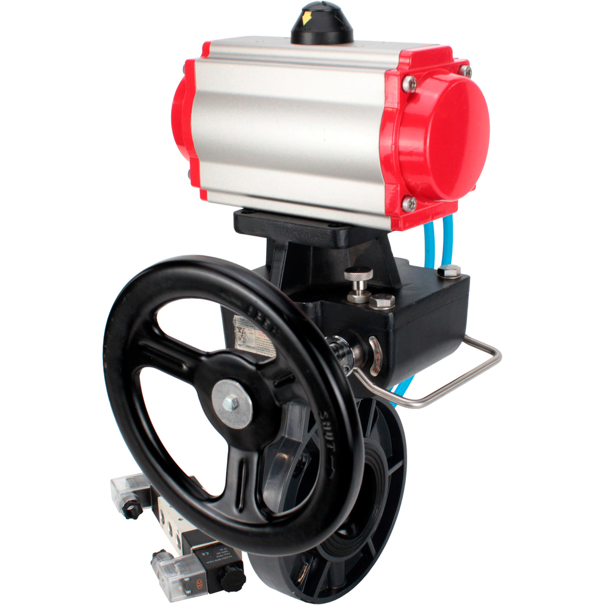 Butterfly valves Elephant WBV4242E-2W-Fb-ISO, body material - UPVC, disc material - UPVC, seal - EPDM, with pneumatic actuator double action PA-DA, pneumatic distributor 4V320-10 220V and handwheel MON