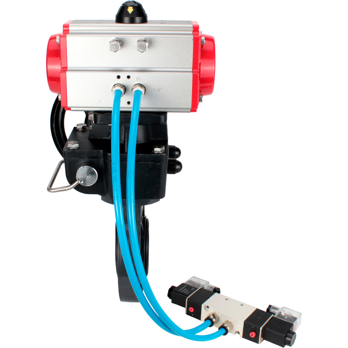 Butterfly valves Elephant WBV4242E-2W-Fb-ISO, body material - UPVC, disc material - UPVC, seal - EPDM, with pneumatic actuator double action PA-DA, pneumatic distributor 4V320-10 220V and handwheel MON