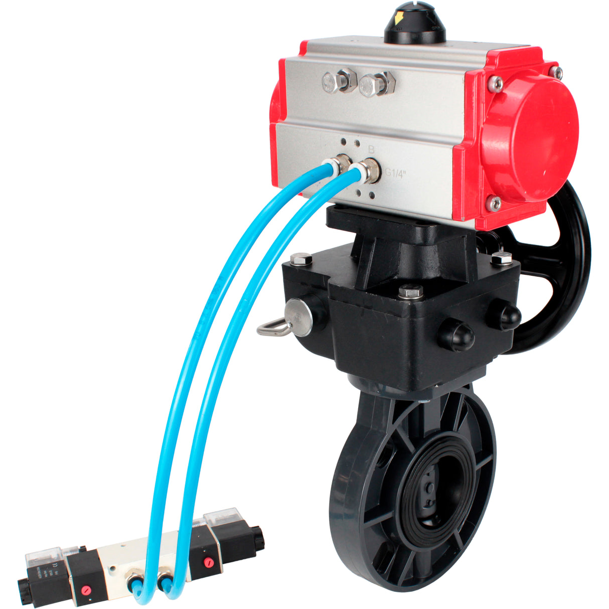 Butterfly valves Elephant WBV4242E-2W-Fb-ISO, body material - UPVC, disc material - UPVC, seal - EPDM, with pneumatic actuator double action PA-DA, pneumatic distributor 4V320-08 220V and handwheel MON