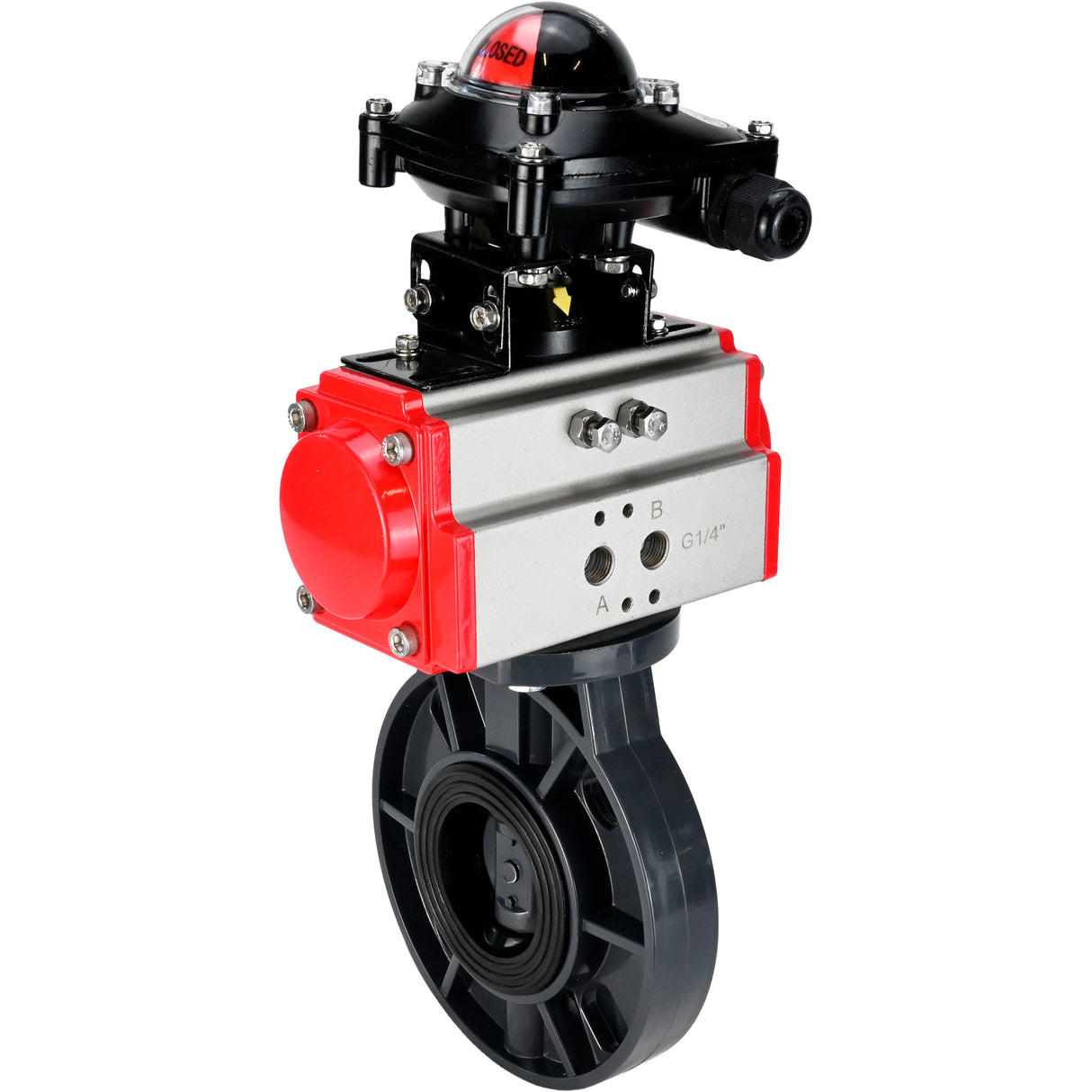 Butterfly valves Elephant WBV4242E-2W-Fb-ISO, body material - UPVC, disc material - UPVC, seal - EPDM, with pneumatic actuator double action PA-DA and LSU APL-210N