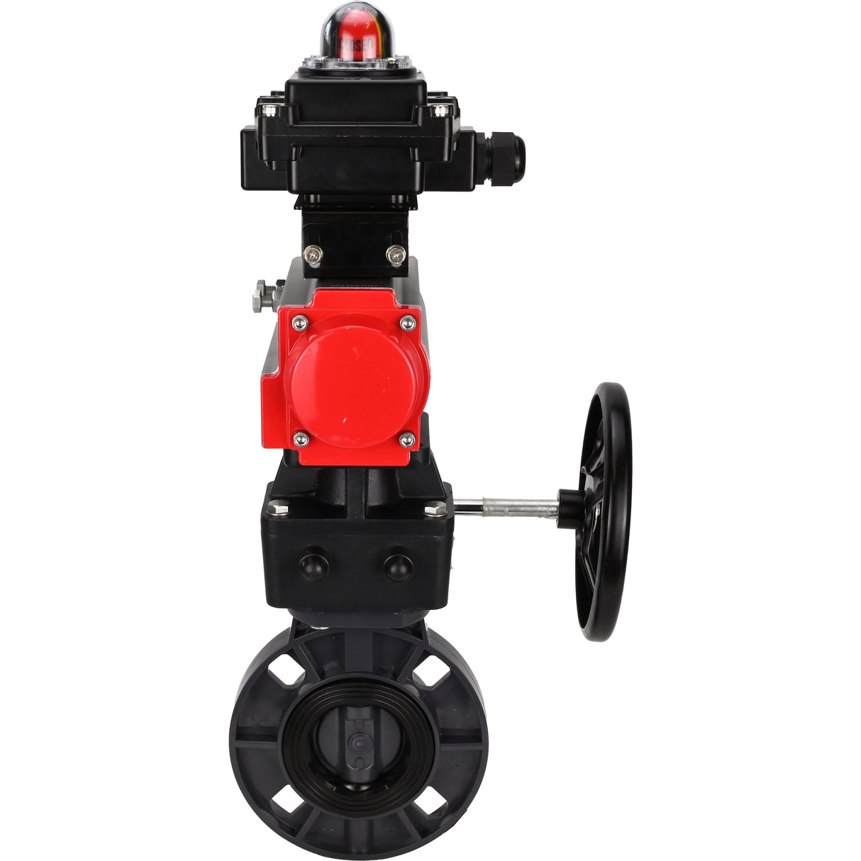 Butterfly valves Elephant WBV4242E-2W-Fb-ISO, body material - UPVC, disc material - UPVC, seal - EPDM, with pneumatic actuator double action PA-DA, LSU APL-410N EX and handwheel MON