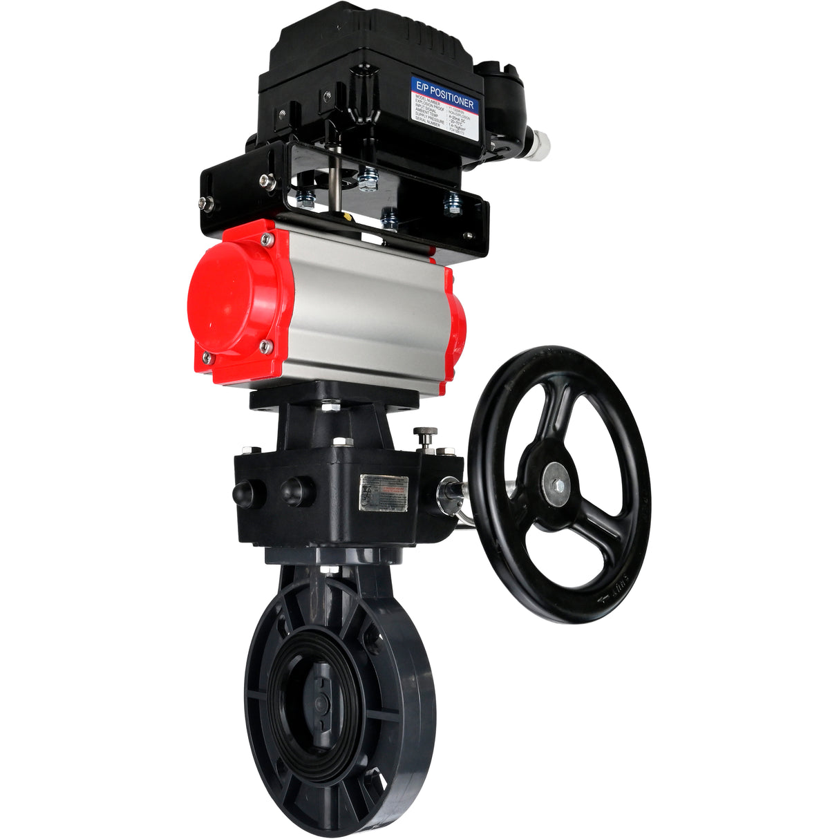 Butterfly valves Elephant WBV4242E-2W-Fb-ISO, body material - UPVC, disc material - UPVC, seal - EPDM, with pneumatic actuator double action PA-DA, electro-pneumatic rotary positioner YT-1000RSN with feedback and handwheel MON