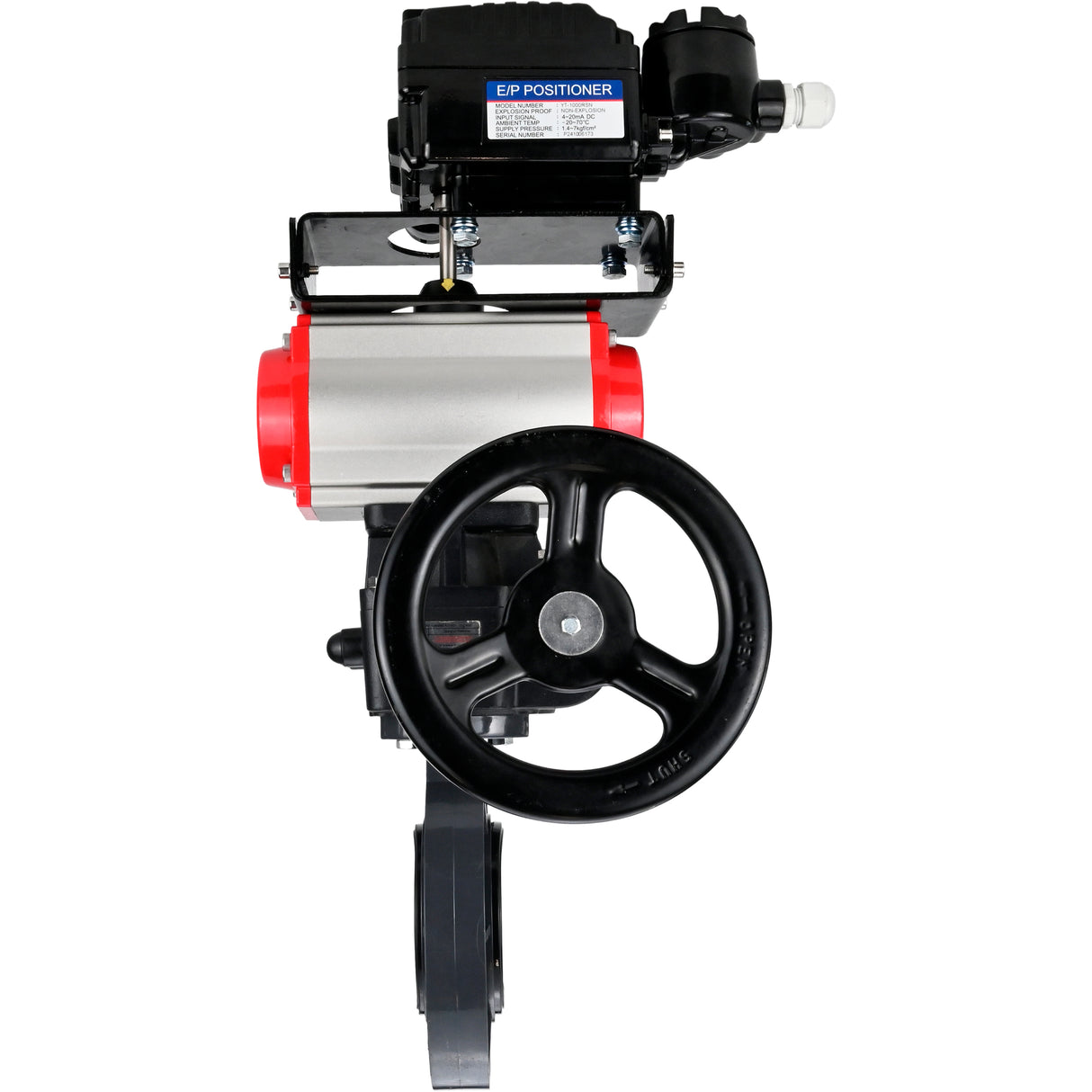 Butterfly valves Elephant WBV4242E-2W-Fb-ISO, body material - UPVC, disc material - UPVC, seal - EPDM, with pneumatic actuator double action PA-DA, electro-pneumatic rotary positioner YT-1000RSN with feedback and handwheel MON