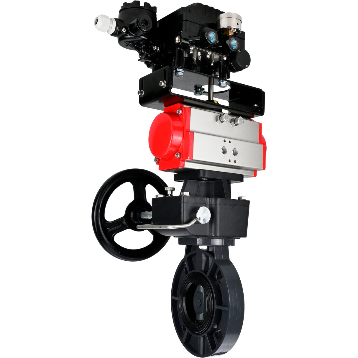 Butterfly valves Elephant WBV4242E-2W-Fb-ISO, body material - UPVC, disc material - UPVC, seal - EPDM, with pneumatic actuator double action PA-DA, electro-pneumatic rotary positioner YT-1000RSN without feedback and handwheel MON