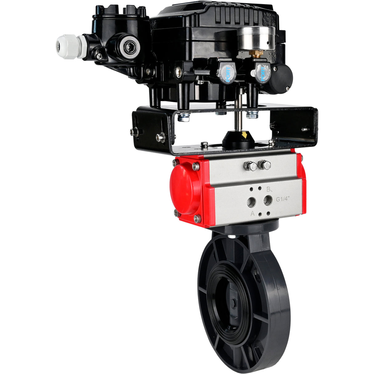 Butterfly valves Elephant WBV4242E-2W-Fb-ISO, body material - UPVC, disc material - UPVC, seal - EPDM, with pneumatic actuator double action PA-DA and electro-pneumatic rotary positioner YT-1000RSN with feedback