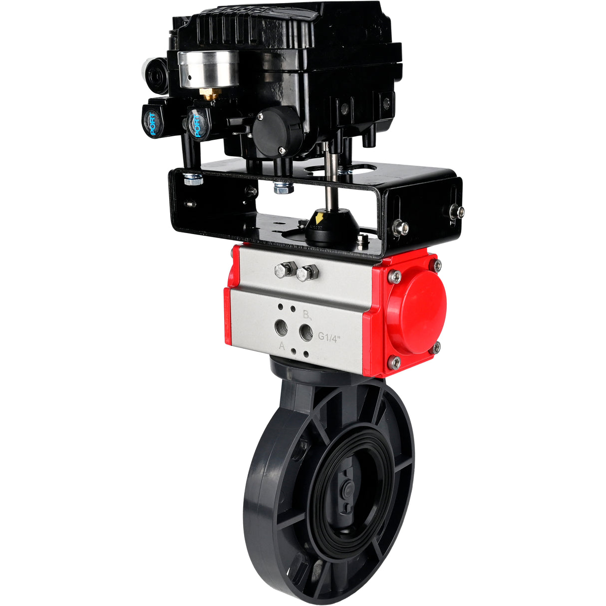 Butterfly valves Elephant WBV4242E-2W-Fb-ISO, body material - UPVC, disc material - UPVC, seal - EPDM, with pneumatic actuator double action PA-DA and electro-pneumatic rotary positioner YT-1000RSN with feedback