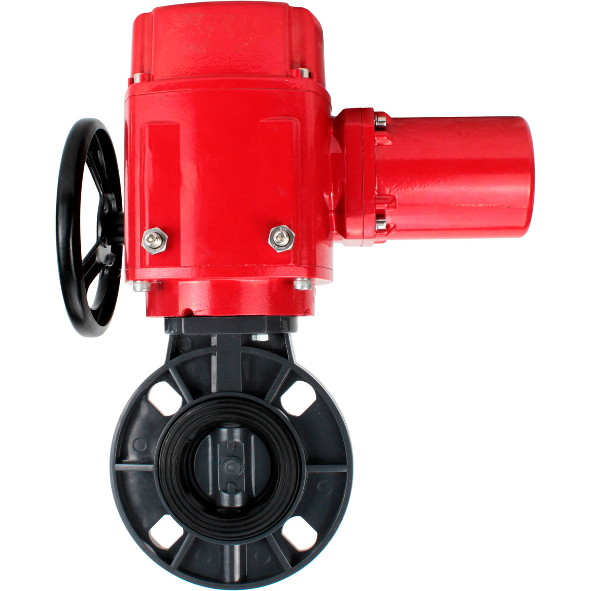 Butterfly valves Elephant WBV4242E-2W-Fb-ISO, body material - UPVC, disc material - UPVC, seal - EPDM, with explosion-proof quarter-turn actuator QT-EX-M-O2-380VAC-U1, torque clutch and handwheel
