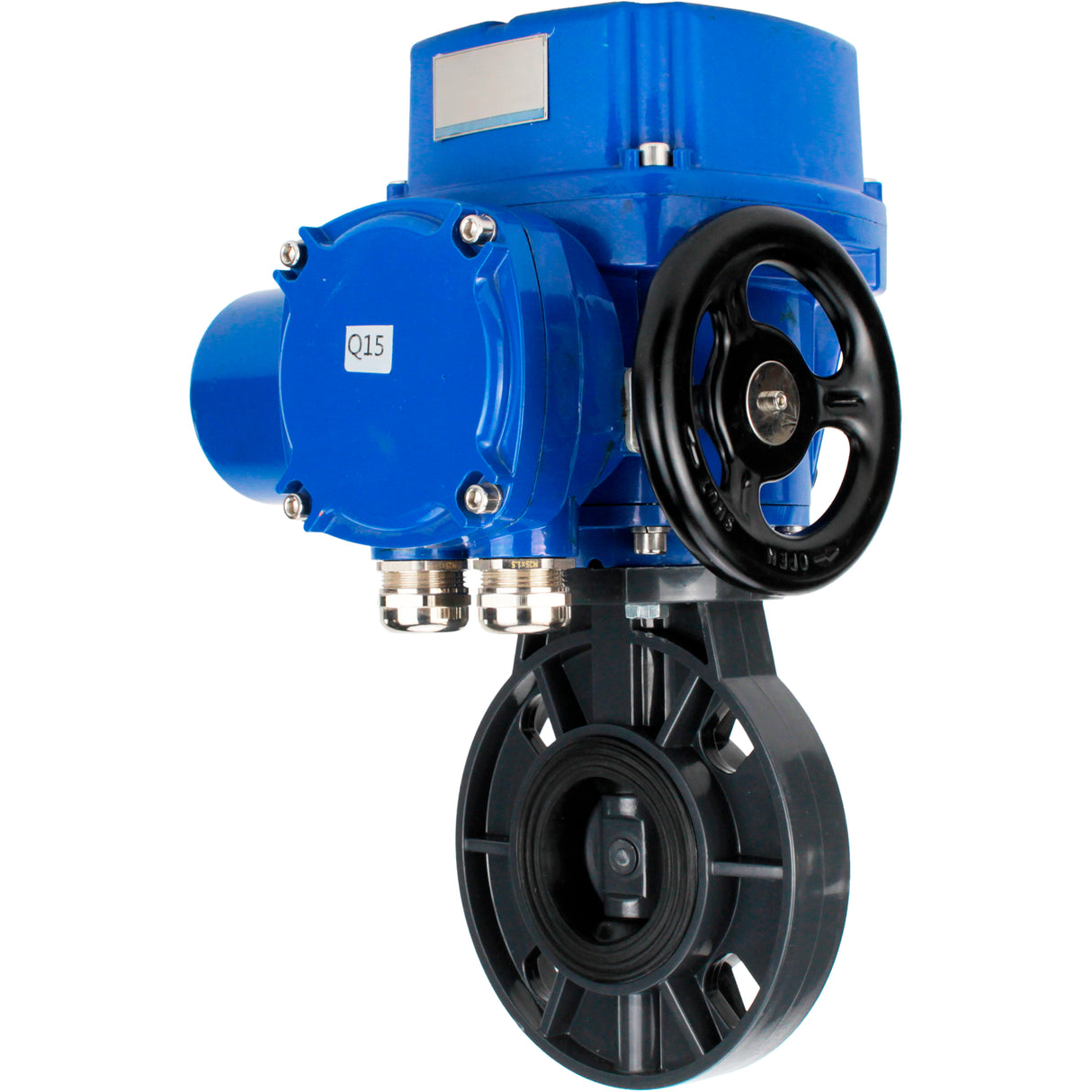 Butterfly valves Elephant WBV4242E-2W-Fb-ISO, body material - UPVC, disc material - UPVC, seal - EPDM, with quarter-turn actuator QT-N-M-O2-380VAC-U1, torque clutch and handwheel