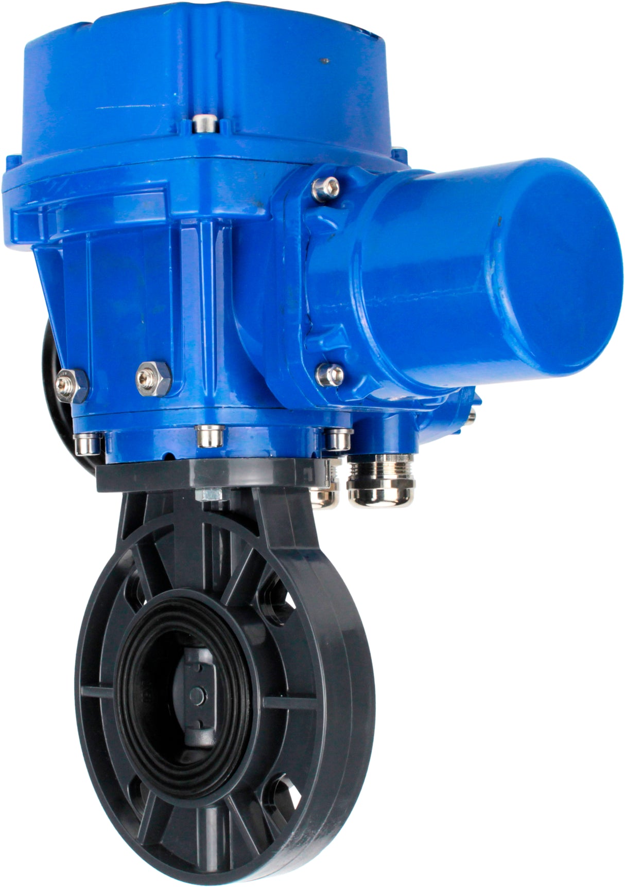 Butterfly valves Elephant WBV4242E-2W-Fb-ISO, body material - UPVC, disc material - UPVC, seal - EPDM, with quarter-turn actuator QT-N-M-O2-380VAC-U1, torque clutch and handwheel