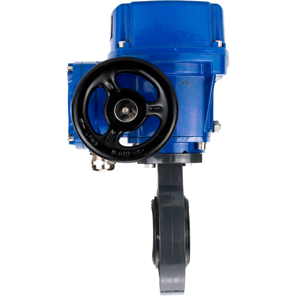Butterfly valves Elephant WBV4242E-2W-Fb-ISO, body material - UPVC, disc material - UPVC, seal - EPDM, with quarter-turn actuator QT-N-M-O2-380VAC-U1, torque clutch and handwheel