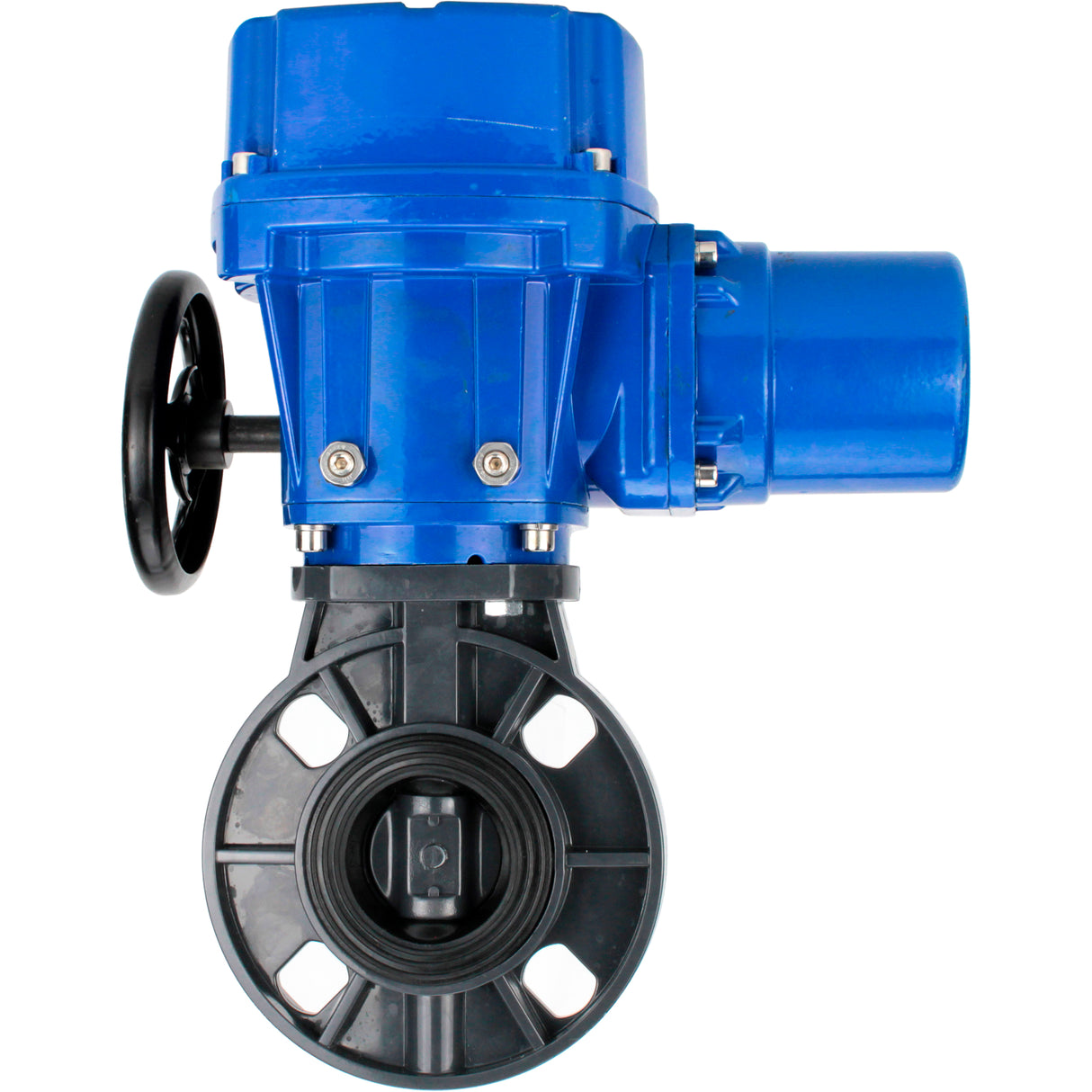 Butterfly valves Elephant WBV4242E-2W-Fb-ISO, body material - UPVC, disc material - UPVC, seal - EPDM, with quarter-turn actuator QT-N-M-O2-380VAC-U1, torque clutch and handwheel