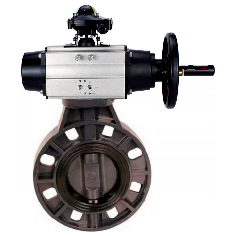 Butterfly valves Elephant WBV4242E-2W-Fb-ISO, body material - UPVC, disc material - UPVC, seal - EPDM, with pneumatic actuator double action PA-DA-105-1 and LSU APL-410N EX