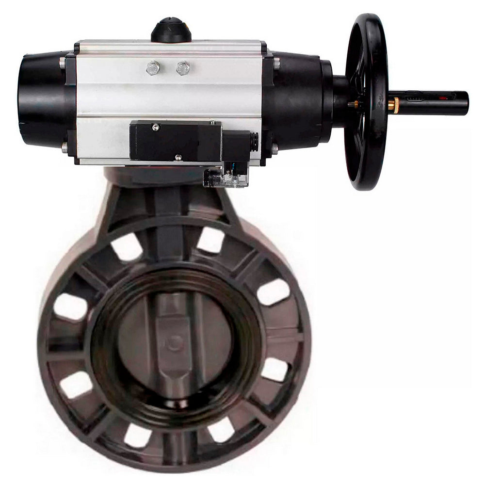 Butterfly valves Elephant WBV4242E-2W-Fb-ISO, body material - UPVC, disc material - UPVC, seal - EPDM, with pneumatic actuator double action PA-DA-105-1 and pneumatic distributor 4M310-08 NAMUR 24V