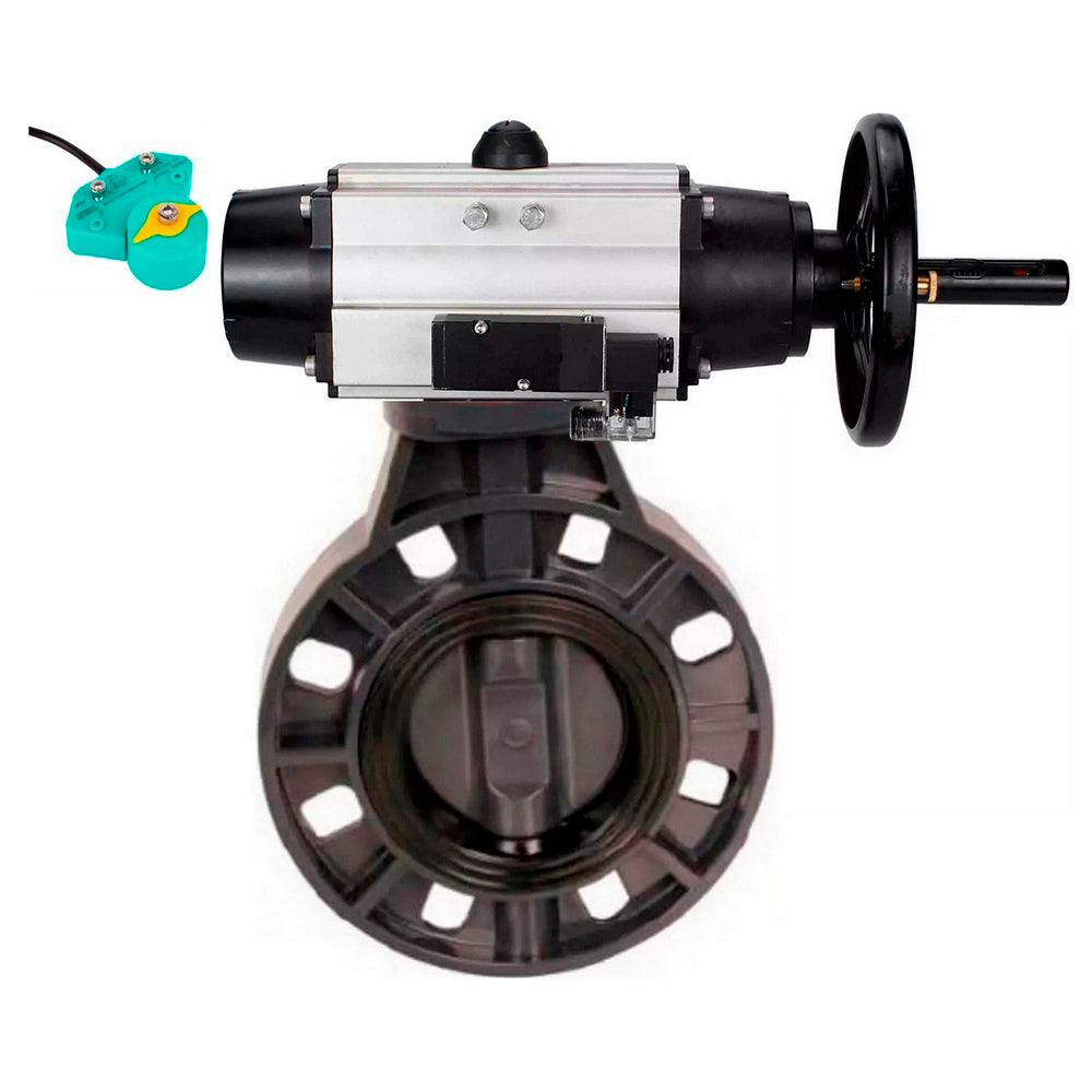 Butterfly valves Elephant WBV4242E-2W-Fb-ISO, body material - UPVC, disc material - UPVC, seal - EPDM, with pneumatic actuator double action PA-DA-105-1, pneumatic distributor 4M310-08 NAMUR 24V and magnetic switch ALS200D