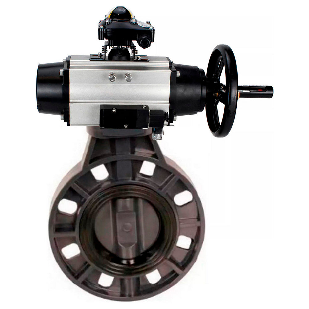 Butterfly valves Elephant WBV4242E-2W-Fb-ISO, body material - UPVC, disc material - UPVC, seal - EPDM, with pneumatic actuator double action PA-DA-105-1, pneumatic distributor 4M310-08 NAMUR 24V and LSU APL-410N EX