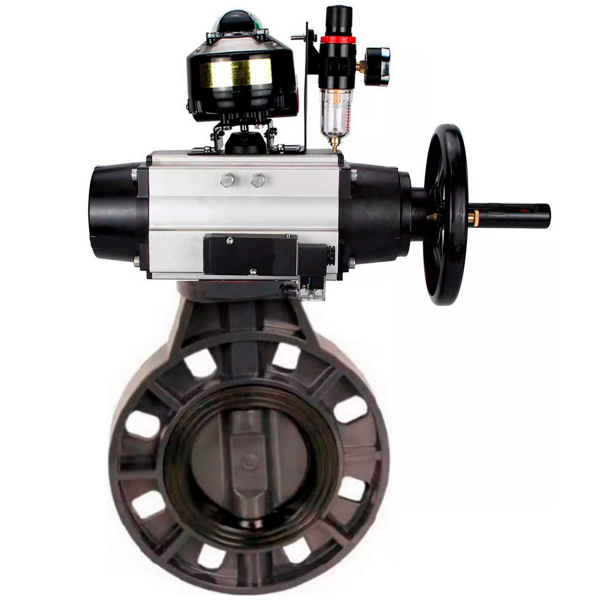 Butterfly valves Elephant WBV4242E-2W-Fb-ISO, body material - UPVC, disc material - UPVC, seal - EPDM, with pneumatic actuator double action PA-DA-105-1, pneumatic distributor 4M310-08 NAMUR 24V, LSU APL-510N EX and ATU AFC2000