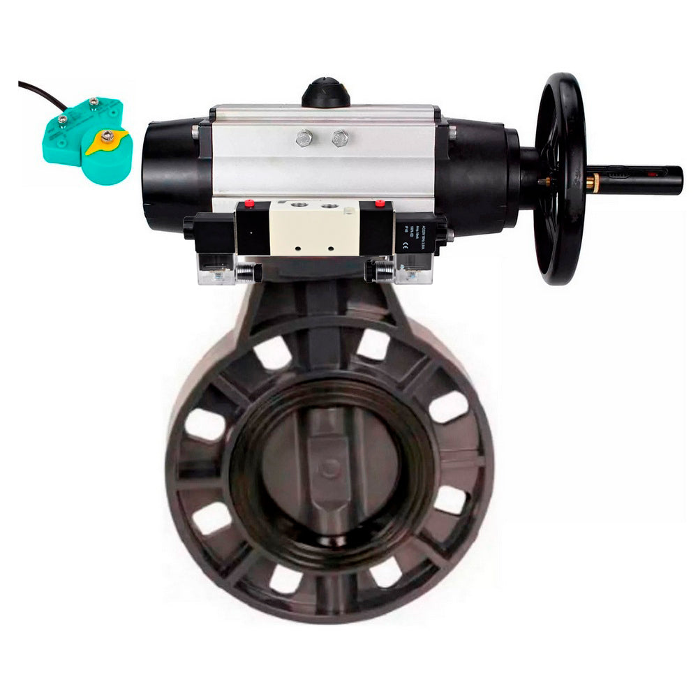 Butterfly valves Elephant WBV4242E-2W-Fb-ISO, body material - UPVC, disc material - UPVC, seal - EPDM, with pneumatic actuator double action PA-DA-105-1, pneumatic distributor 4V320-08 220V and magnetic switch ALS200D