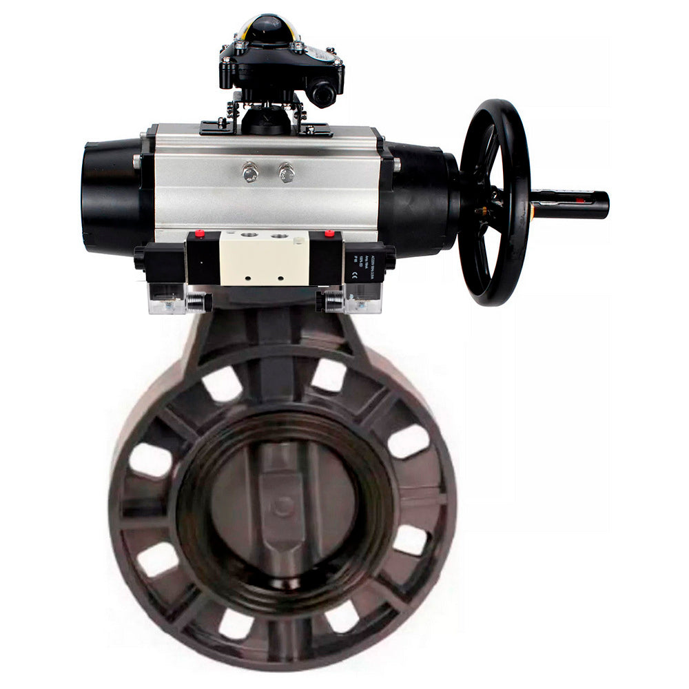 Butterfly valves Elephant WBV4242E-2W-Fb-ISO, body material - UPVC, disc material - UPVC, seal - EPDM, with pneumatic actuator double action PA-DA-105-1, pneumatic distributor 4V320-10 220V and LSU APL-510N EX
