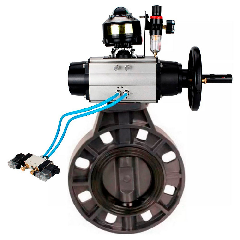 Butterfly valves Elephant WBV4242E-2W-Fb-ISO, body material - UPVC, disc material - UPVC, seal - EPDM, with pneumatic actuator double action PA-DA-105-1, pneumatic distributor 4V320-10 220V, LSU APL-210N and ATU AFC2000
