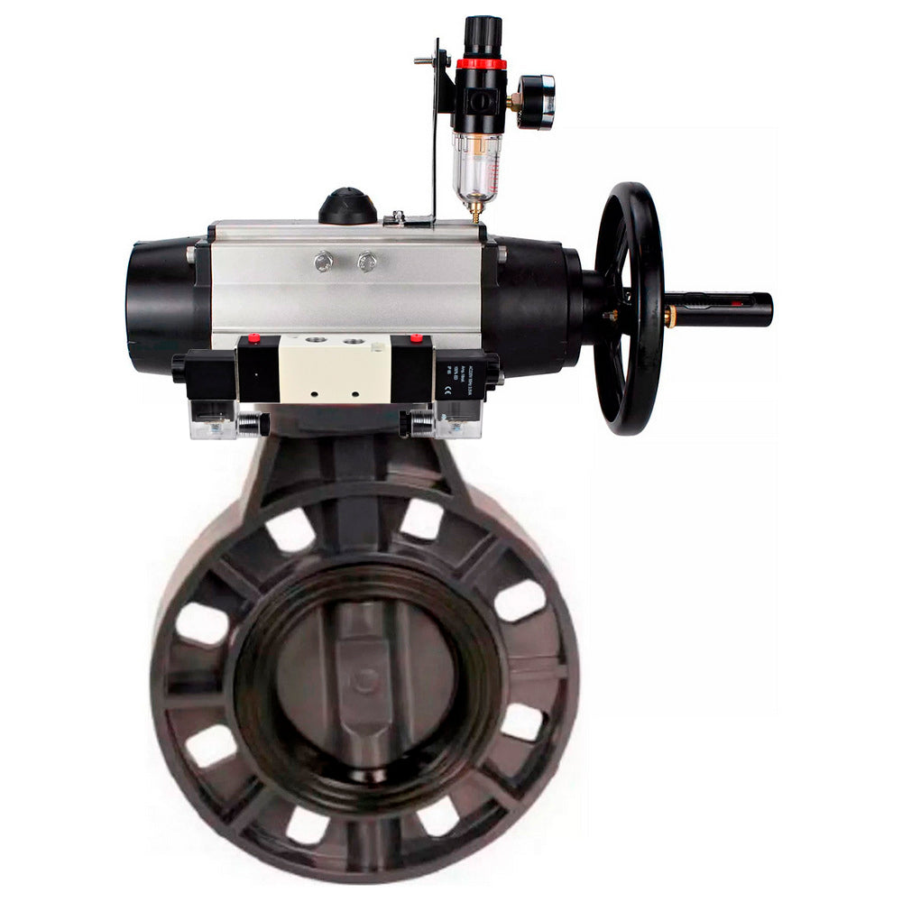 Butterfly valves Elephant WBV4242E-2W-Fb-ISO, body material - UPVC, disc material - UPVC, seal - EPDM, with pneumatic actuator double action PA-DA-105-1, pneumatic distributor 4V320-10 220V and ATU AFC2000