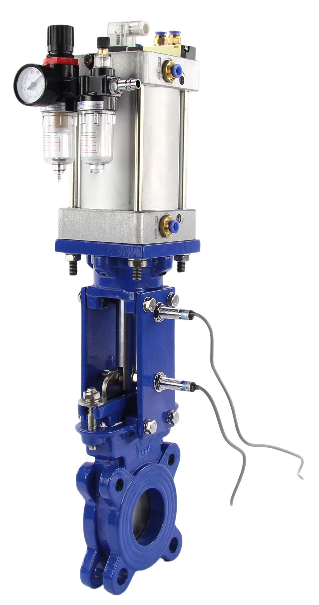 Messer-Schieberklappe Wafer-Typ Elephant GGG40-SS304-EPDM-2W-DA PSI145 Klasse 125 mit pneumatischem Antrieb, 4V210-08 110/220V pneumatisches Magnetventil, LJ12A3-4-J/EZ 110/220V induktive Sensoren und AFC2000 Luftfilter
