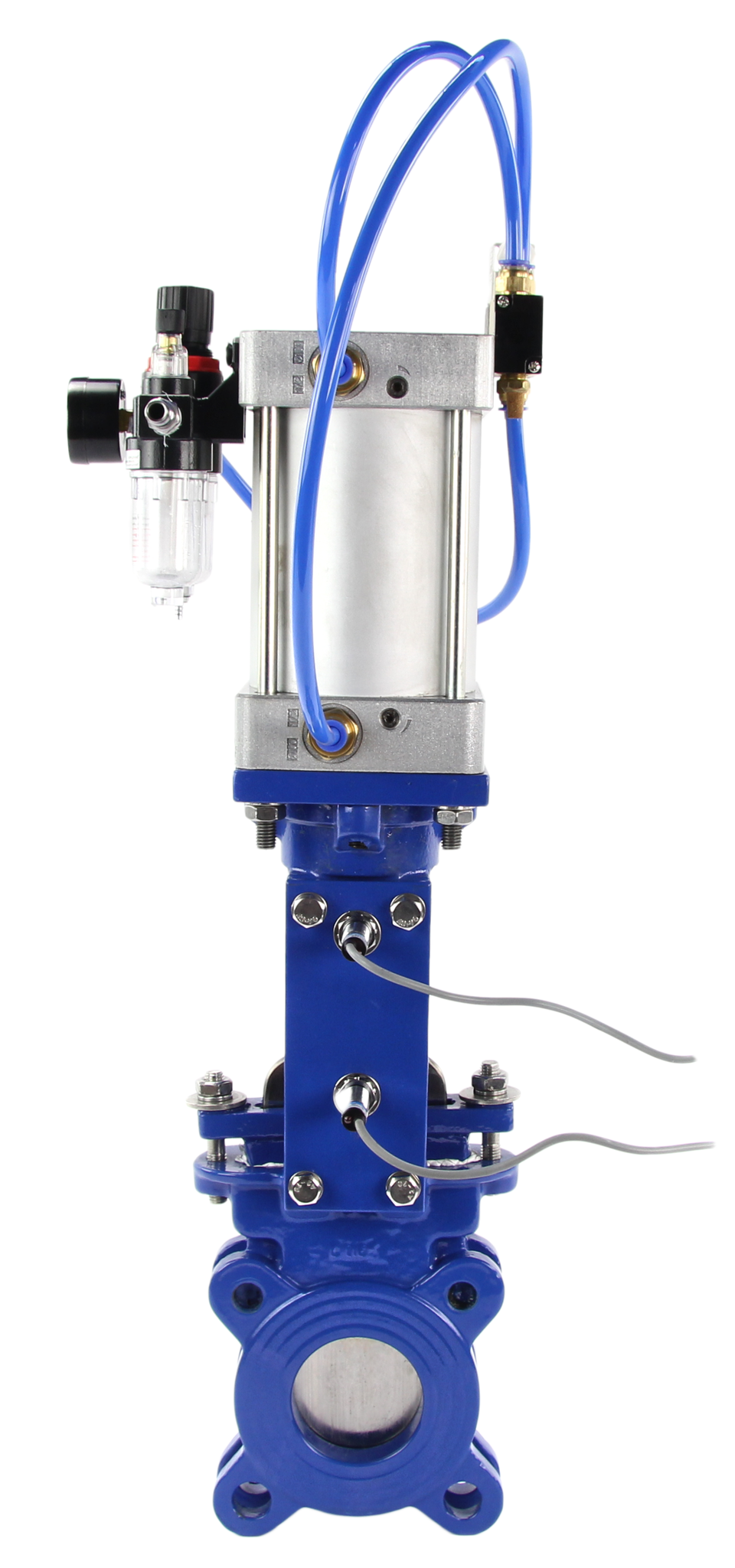 Messer-Schieberklappe Wafer-Typ Elephant GGG40-SS304-EPDM-2W-DA PSI145 Klasse 125 mit pneumatischem Antrieb, 4V210-08 110/220V pneumatisches Magnetventil, LJ12A3-4-J/EZ 110/220V induktive Sensoren und AFC2000 Luftfilter