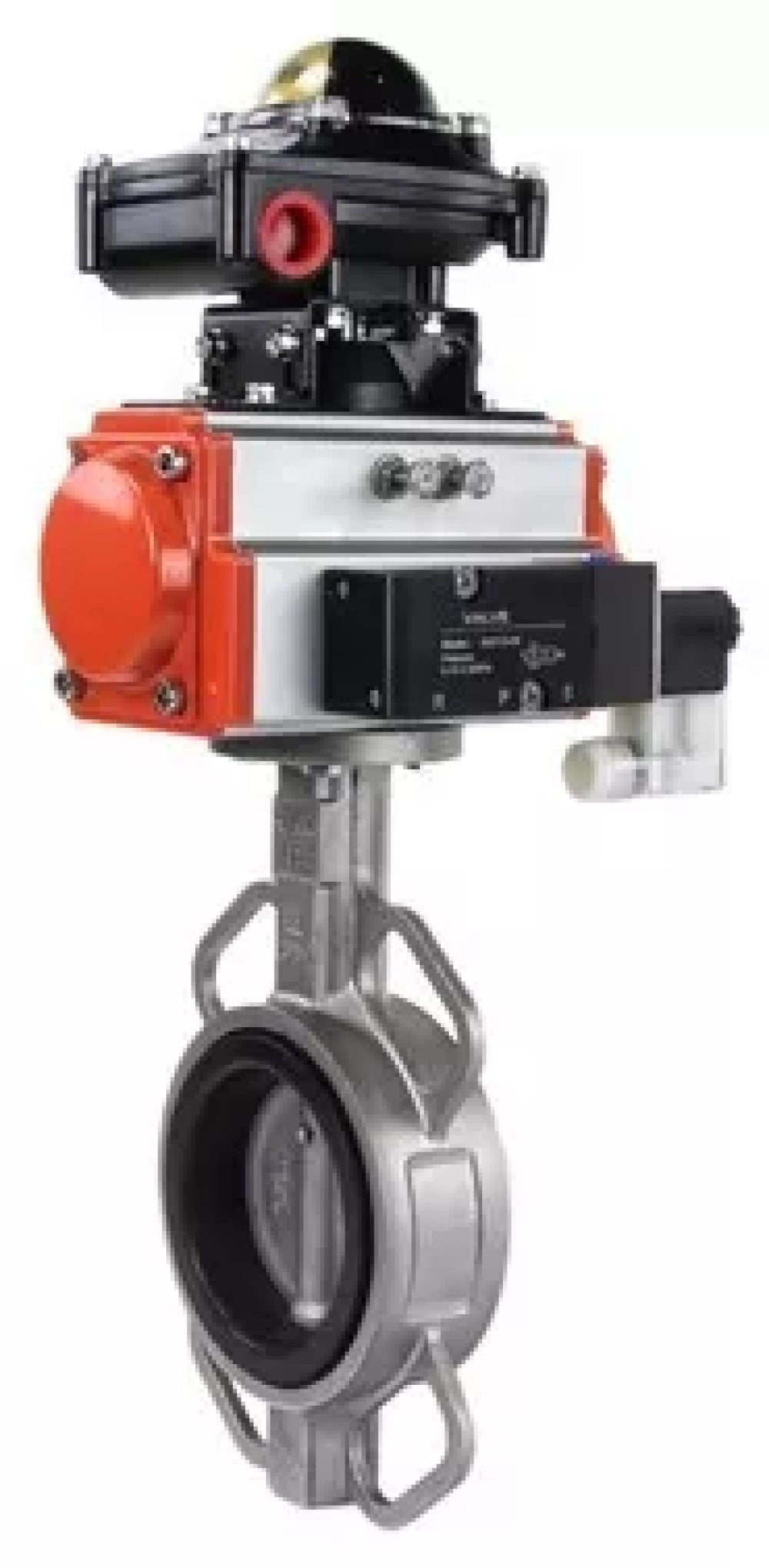 Water Butterfly Valve Elephant WBV3232V-2W-Fb-H, Gehäusematerial - Edelstahl AISI 316L, Scheibenmaterial - Edelstahl AISI 316L, Dichtung - Viton, mit pneumatischem Antrieb mit Rückstellfedern PA-SA, 4V320-10 220V, LSU APL-410N EX