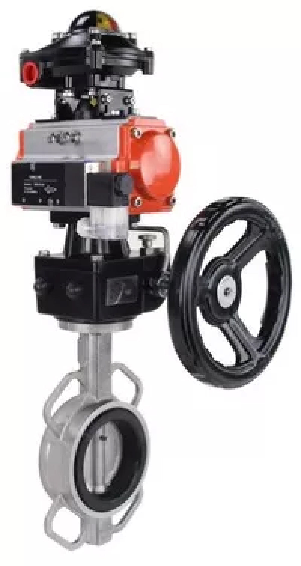 Wasser-Schmetterlingsventil Elephant WBV3232V-2W-Fb-H, Gehäusematerial - Edelstahl AISI 316L, Scheibenmaterial - Edelstahl AISI 316L, Dichtung - Viton, mit pneumatischem Doppelwirkungsantrieb PA-DA, 4V320-08 220V, Handrad MON, LSU APL-410N EX
