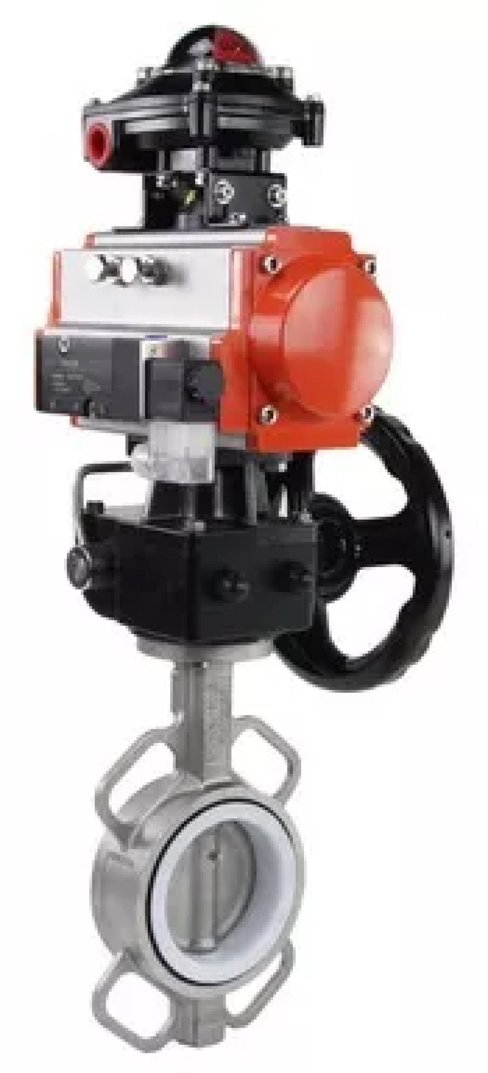 Wasser-Schmetterlingsventil Elephant WBV3232P-2W-Fb-H, Gehäusematerial - Edelstahl AISI 316L, Scheibenmaterial - Edelstahl AISI 316L, Dichtung - PTFE, mit pneumatischem Doppelwirkungsantrieb PA-DA, 4V320-08 220V, Handrad MON, LSU APL-210N