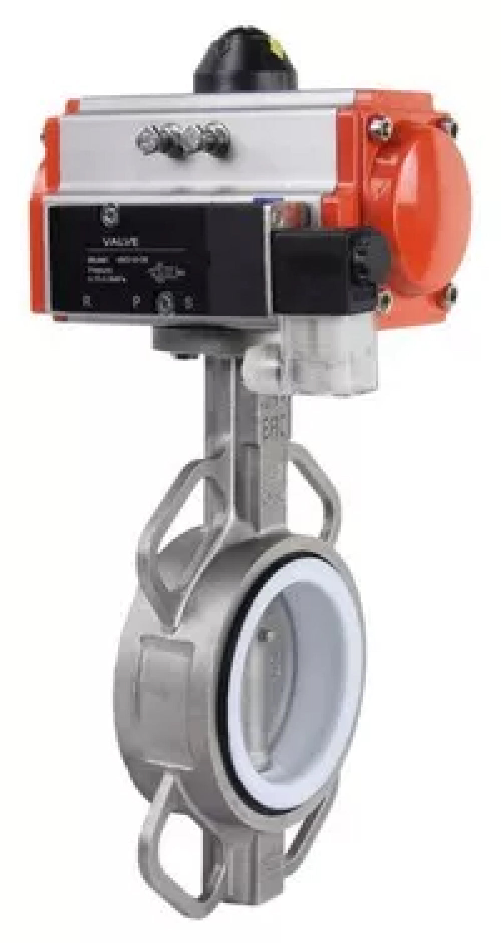 Wasser-Schmetterlingsventil Elephant WBV3232P-2W-Fb-H, Gehäusematerial - Edelstahl AISI 316L, Scheibenmaterial - Edelstahl AISI 316L, Dichtung - PTFE, mit pneumatischem Antrieb mit Rückstellfedern PA-SA, 4V320-10 220V