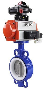Wasserabsperrklappe Elephant wcb-316l-ptfe-sa-4m310-110/220-apl210n, Gehäusematerial – Kohlenstoffstahl WCB, Scheibenmaterial – Edelstahl AISI 316L, Dichtung – PTFE, pneumatischer Antrieb betätigt