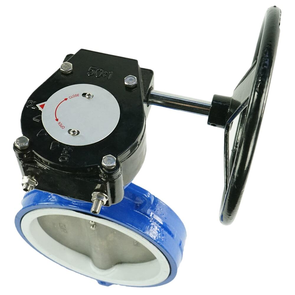 Wasser-Schmetterlingsventil Elephant WCB-316L-PTFE-RDN, Gehäusematerial - Kohlenstoffstahl WCB, Scheibenmaterial - Edelstahl AISI 316L, Dichtung - PTFE, getriebegetrieben