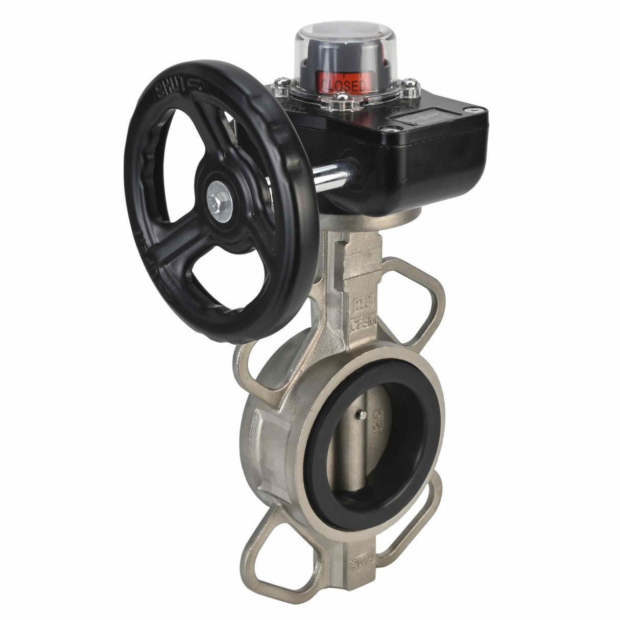 Wasser-Schmetterlingsventil Elephant 316L-316L-VITON Gehäusematerial - Edelstahl AISI 316L, Scheibenmaterial - Edelstahl AISI 316L, Dichtung - Viton mit Getriebe Elephant HGB, mit Positionsanzeige