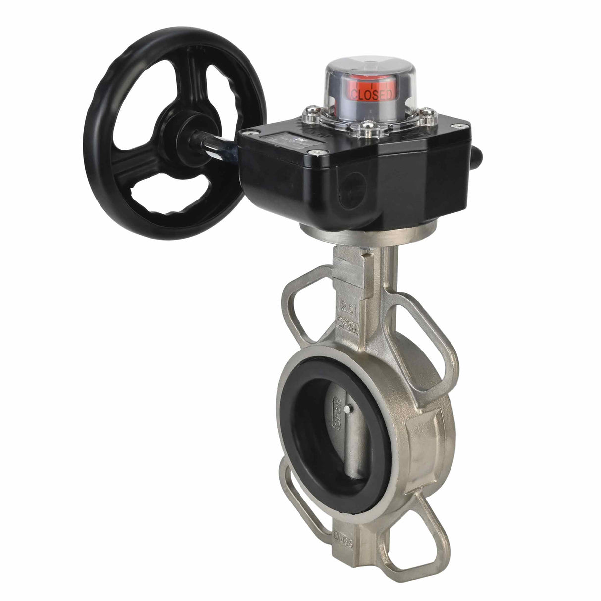 Wasser-Schmetterlingsventil Elephant 316L-316L-VITON Gehäusematerial - Edelstahl AISI 316L, Scheibenmaterial - Edelstahl AISI 316L, Dichtung - Viton mit Getriebe Elephant HGB, mit Positionsanzeige