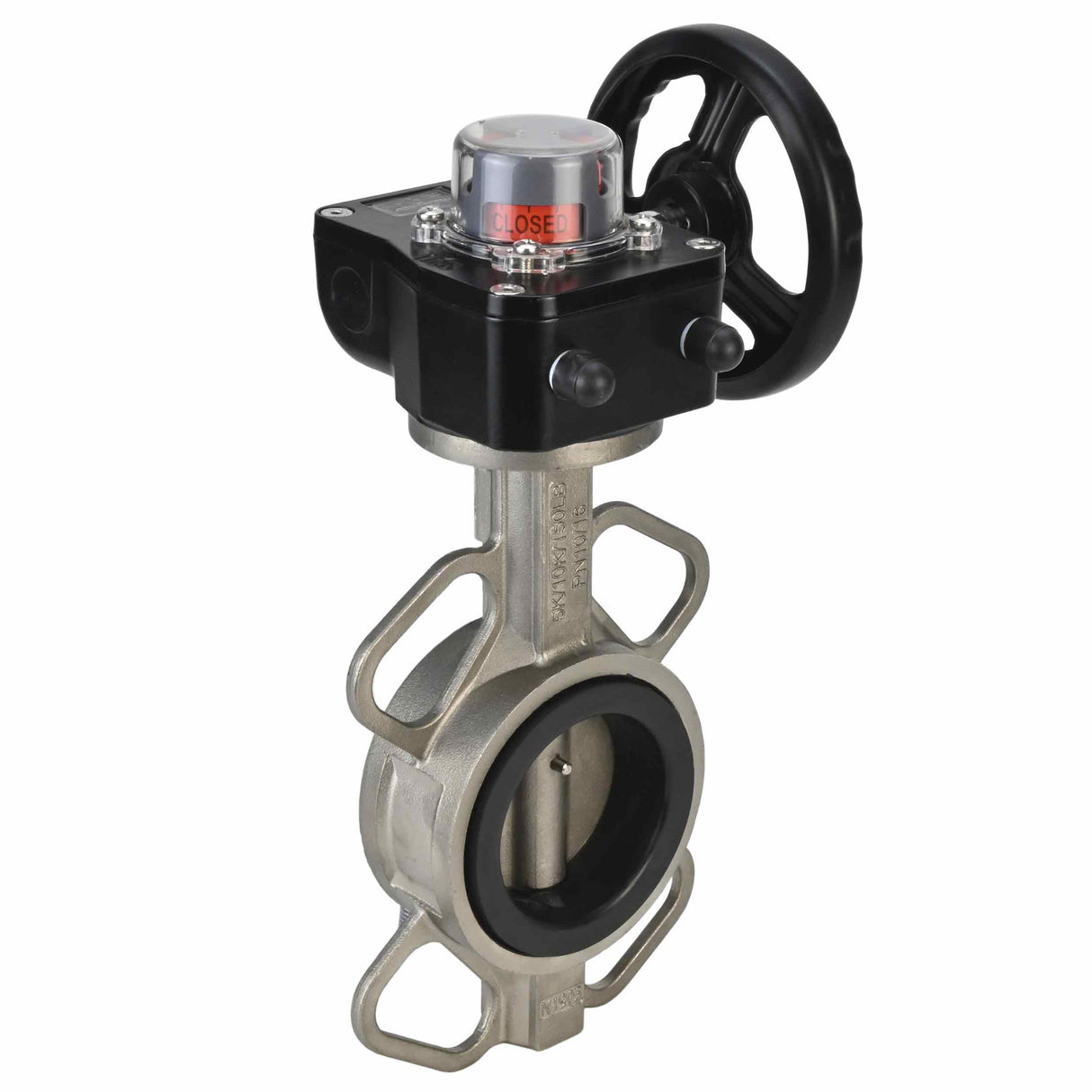 Wasser-Schmetterlingsventil Elephant 316L-316L-VITON Gehäusematerial - Edelstahl AISI 316L, Scheibenmaterial - Edelstahl AISI 316L, Dichtung - Viton mit Getriebe Elephant HGB, mit Positionsanzeige
