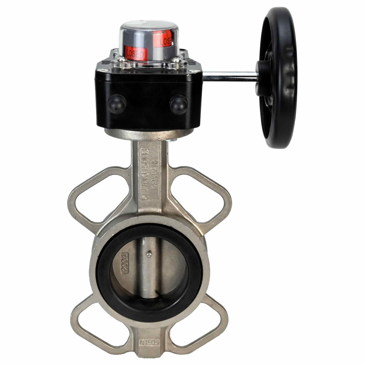 Wasser-Schmetterlingsventil Elephant 316L-316L-VITON Gehäusematerial - Edelstahl AISI 316L, Scheibenmaterial - Edelstahl AISI 316L, Dichtung - Viton mit Getriebe Elephant HGB, mit Positionsanzeige