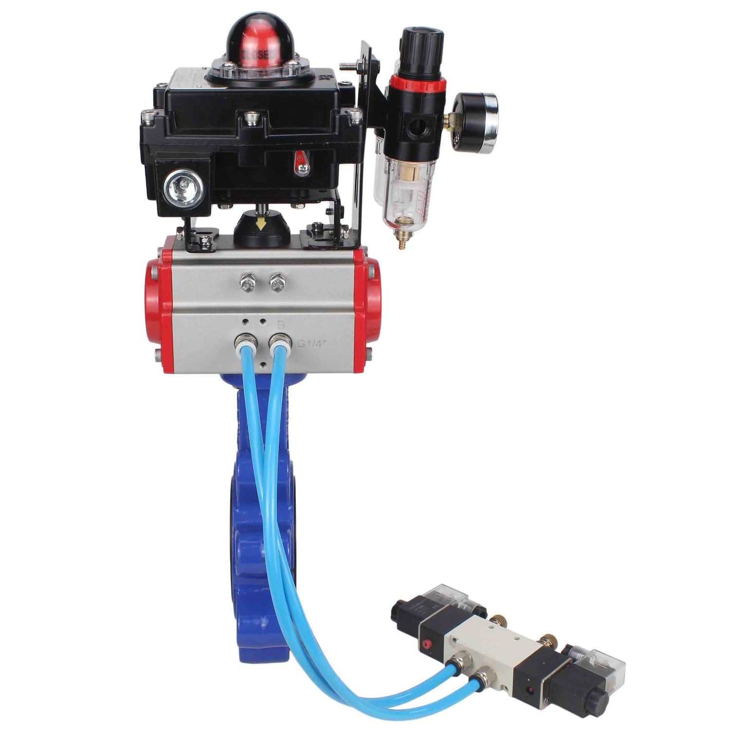 Wasser-Schmetterlingsventil Elephant WBV1616E-2W-Fb-H, Gehäusematerial - Gusseisen QT450, Scheibenmaterial - Gusseisen QT450, Dichtung - EPDM, pneumatischer Antrieb PA-DA Doppelwirkung, 4V320-10 220V, LSU APL-410N EX, ATU AFC2000