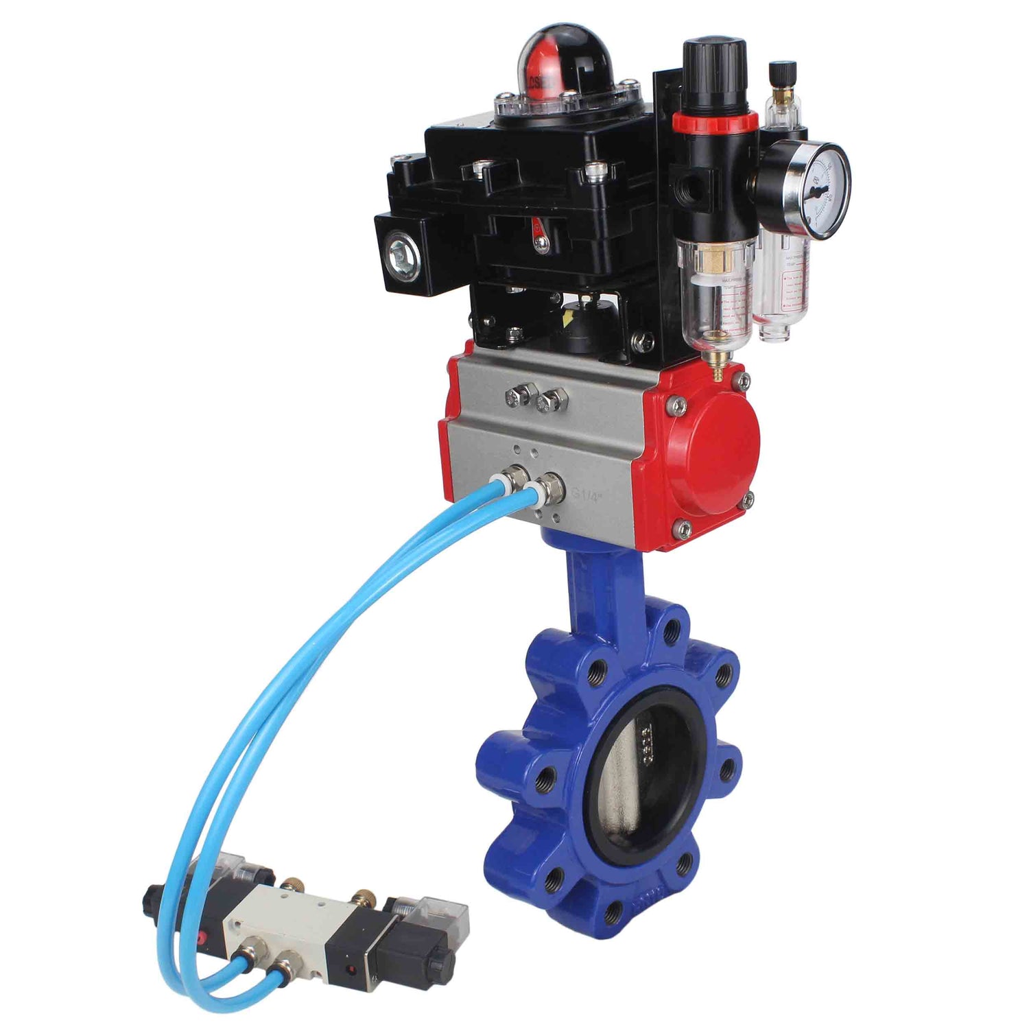 Wasser-Schmetterlingsventil Elephant WBV1616E-2W-Fb-H, Gehäusematerial - Gusseisen QT450, Scheibenmaterial - Gusseisen QT450, Dichtung - EPDM, pneumatischer Antrieb PA-DA Doppelwirkung, 4V320-10 220V, LSU APL-410N EX, ATU AFC2000