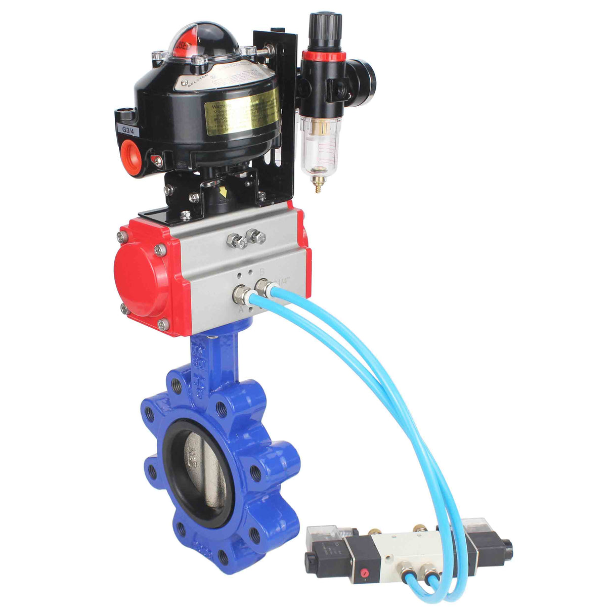 Wasser-Schmetterlingsventil Elephant WBV1616N-2W-Fb-H, Gehäusematerial - Gusseisen QT450, Scheibenmaterial - Gusseisen QT450, Dichtung - NBR, pneumatischer Antrieb PA-DA Doppelwirkung, 4V320-08 220V, LSU APL-510N EX, ATU AFC2000