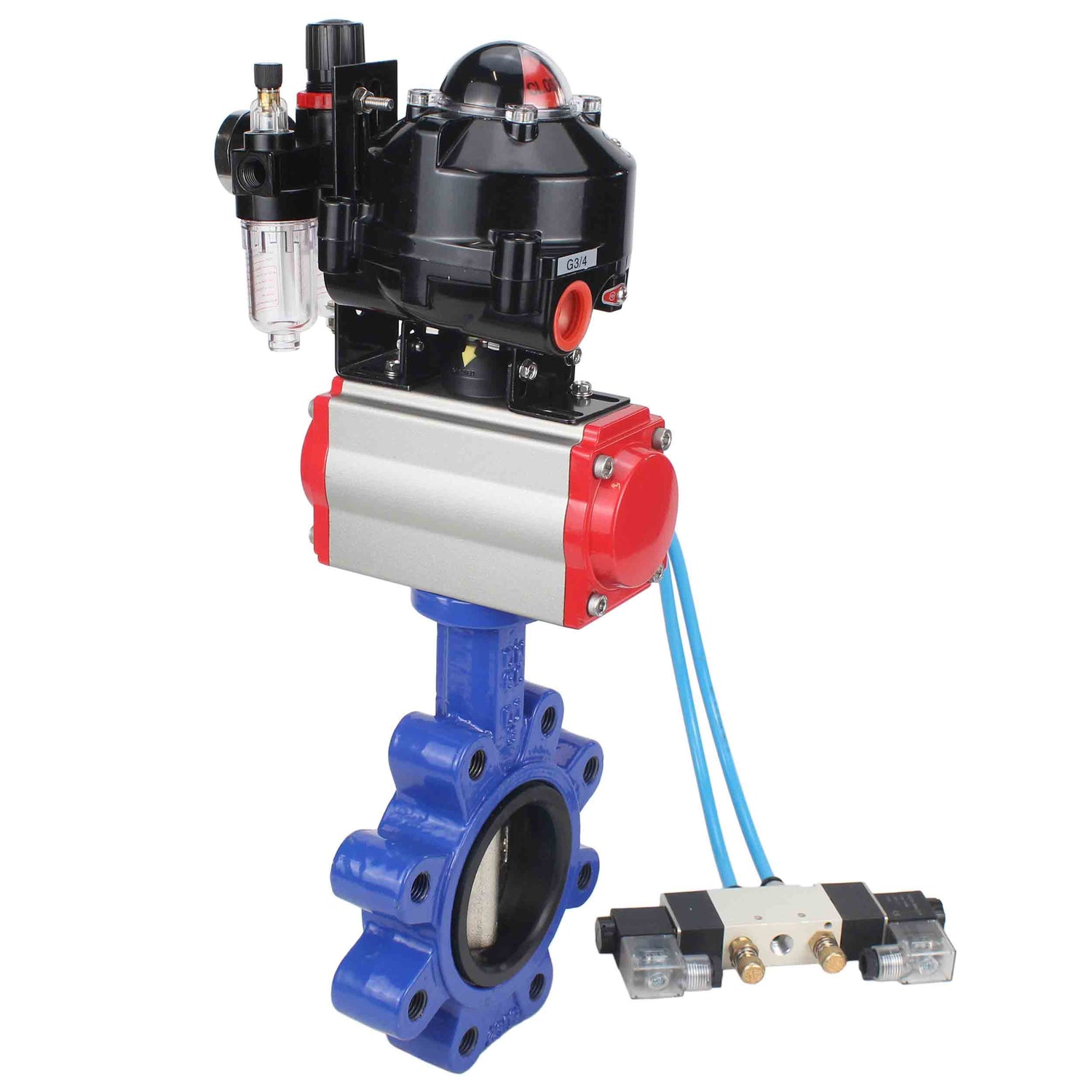 Wasser-Schmetterlingsventil Elephant WBV1616E-2W-Fb-H, Gehäusematerial - Gusseisen QT450, Scheibenmaterial - Gusseisen QT450, Dichtung - EPDM, pneumatischer Antrieb PA-SA mit Rückstellfedern, 4V320-10 220V, LSU APL-510N EX, ATU AFC2000