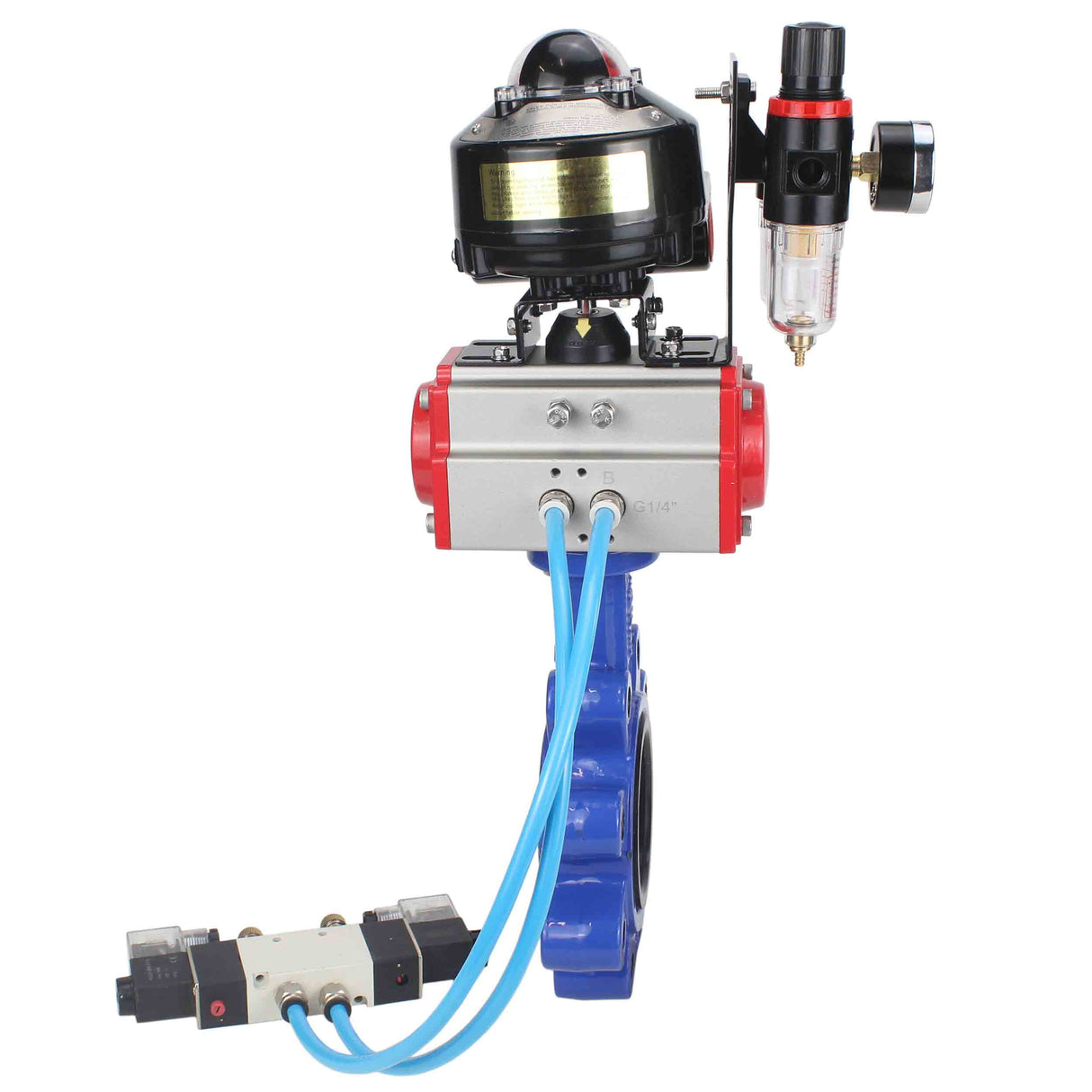 Wasser-Schmetterlingsventil Elephant WBV1616N-2W-Fb-H, Gehäusematerial - Gusseisen QT450, Scheibenmaterial - Gusseisen QT450, Dichtung - NBR, pneumatischer Antrieb PA-DA Doppelwirkung, 4V320-08 220V, LSU APL-510N EX, ATU AFC2000
