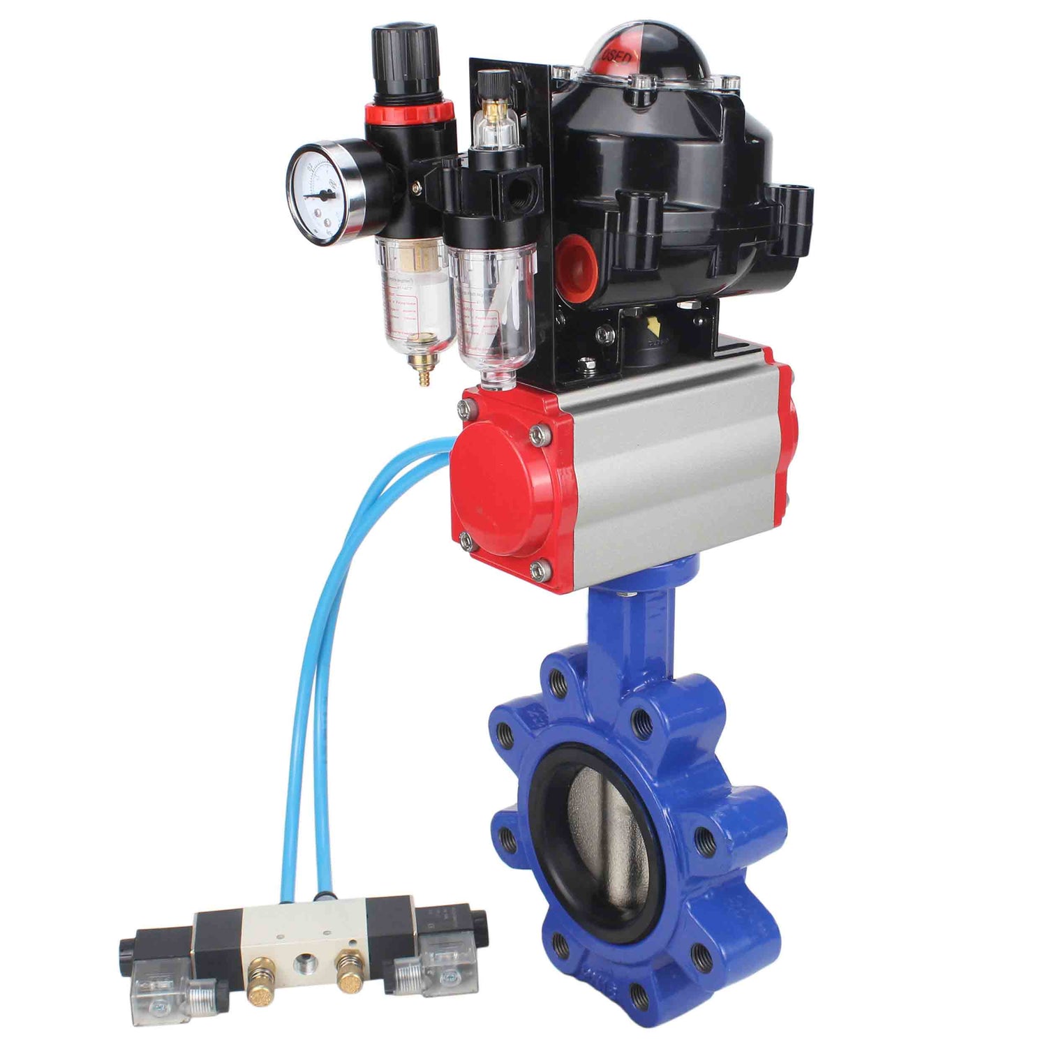 Wasser-Schmetterlingsventil Elephant WBV1616E-2W-Fb-H, Gehäusematerial - Gusseisen QT450, Scheibenmaterial - Gusseisen QT450, Dichtung - EPDM, pneumatischer Antrieb PA-SA mit Rückstellfedern, 4V320-10 220V, LSU APL-510N EX, ATU AFC2000